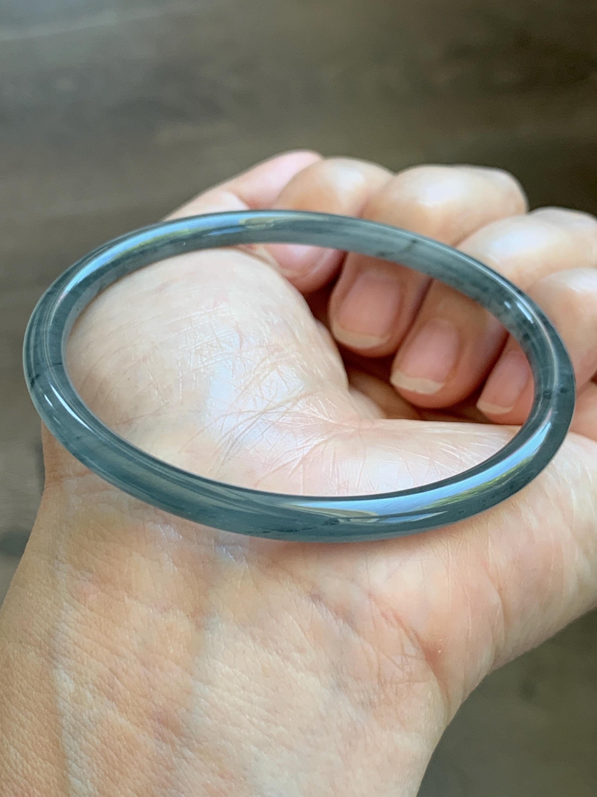 Certified Natural Grade A Guatemalan Icy Translucent Grayish Blue Wuji Marbled Jade Jadeite Bangle Bracelet 60.15mm 7.4” 天然冰危蓝灰乌鸡细圆条翡翠手镯 188