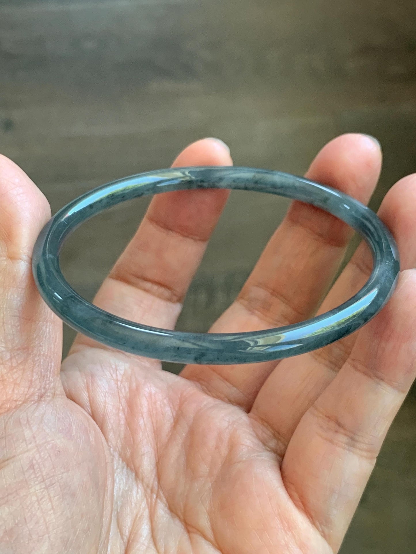 Certified Natural Grade A Guatemalan Icy Translucent Grayish Blue Wuji Marbled Jade Jadeite Bangle Bracelet 60.15mm 7.4” 天然冰危蓝灰乌鸡细圆条翡翠手镯 188