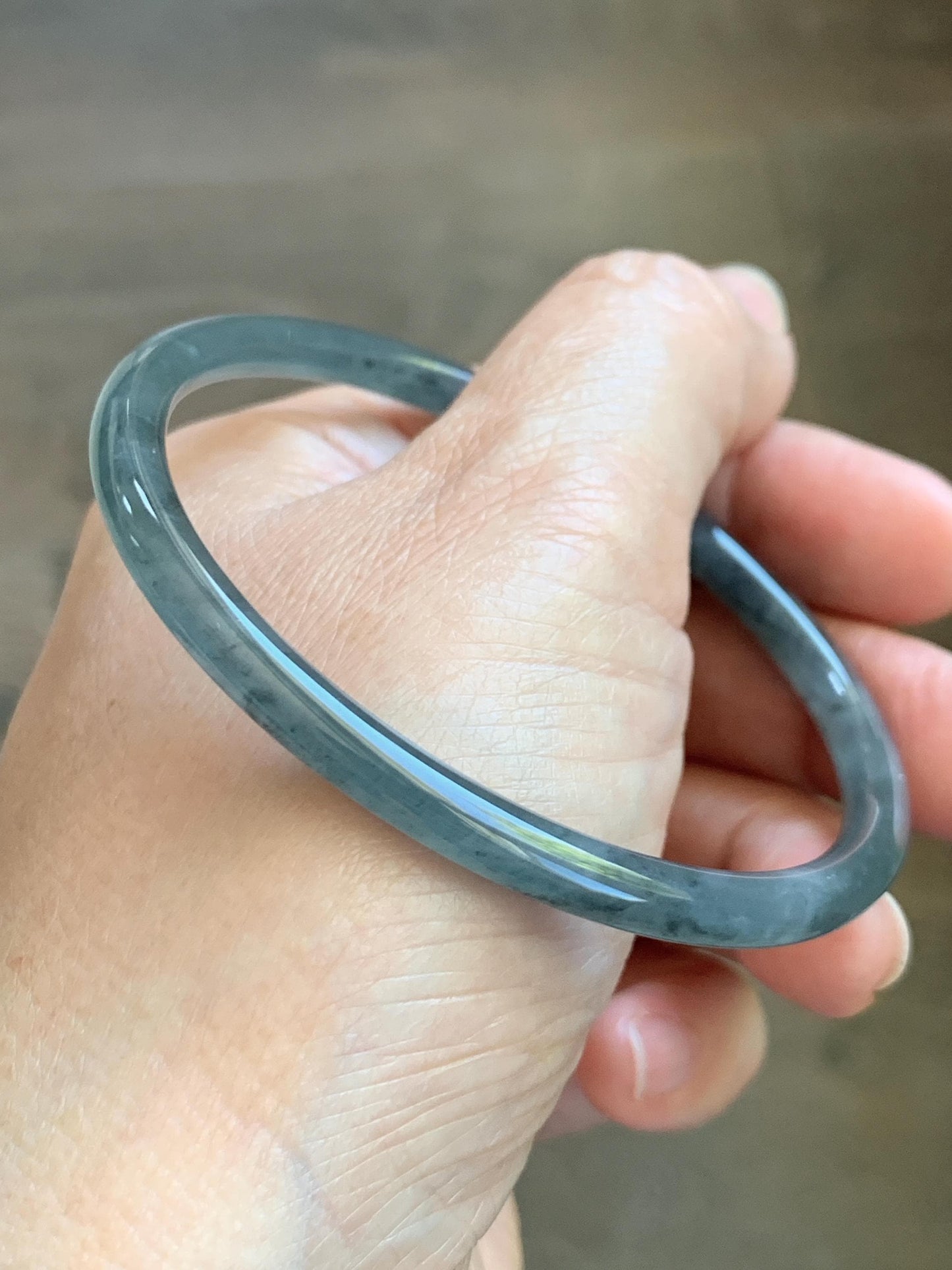Certified Natural Grade A Guatemalan Icy Translucent Grayish Blue Wuji Marbled Jade Jadeite Bangle Bracelet 60.15mm 7.4” 天然冰危蓝灰乌鸡细圆条翡翠手镯 188