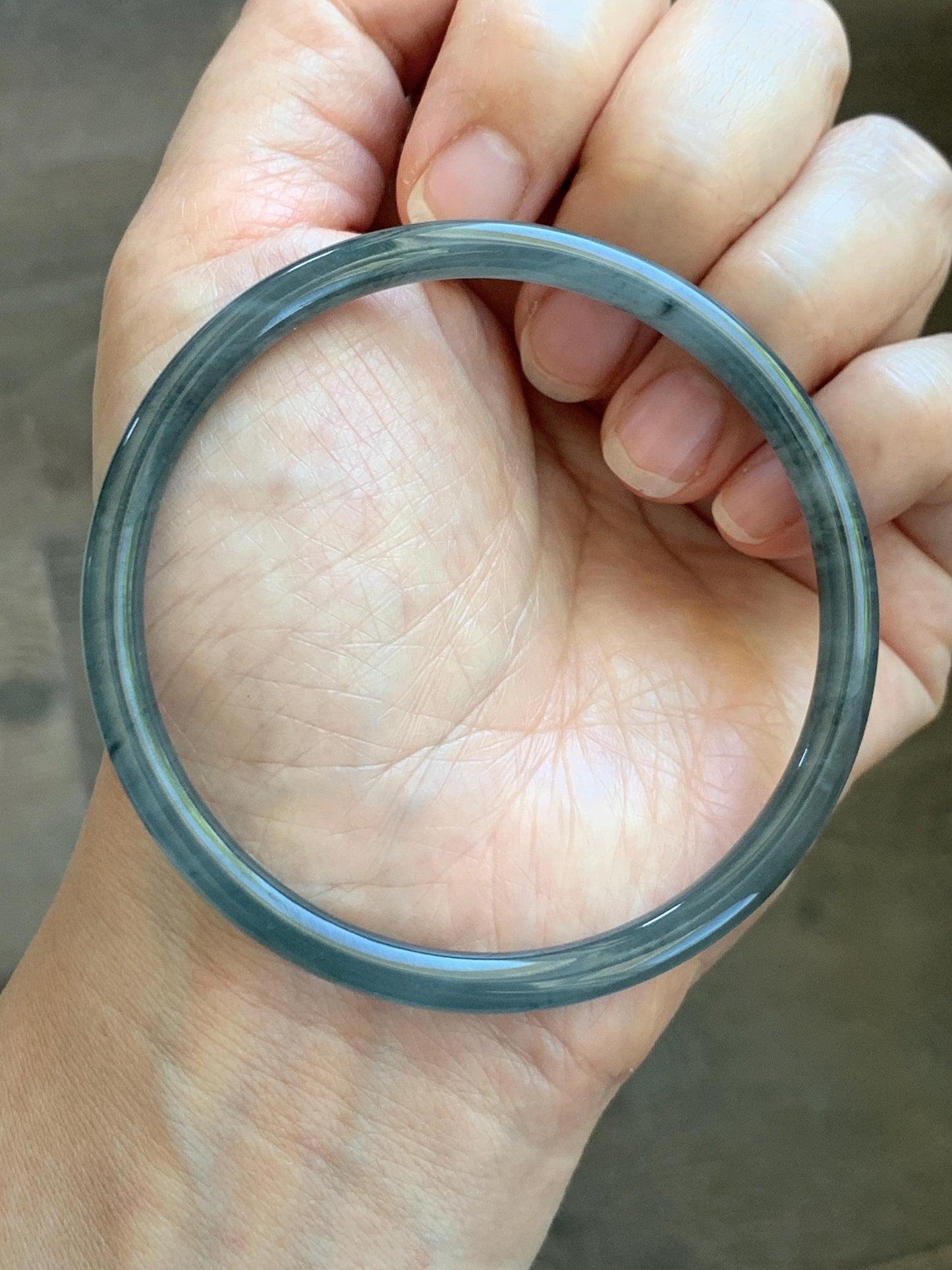 Certified Natural Grade A Guatemalan Icy Translucent Grayish Blue Wuji Marbled Jade Jadeite Bangle Bracelet 60.15mm 7.4” 天然冰危蓝灰乌鸡细圆条翡翠手镯 188