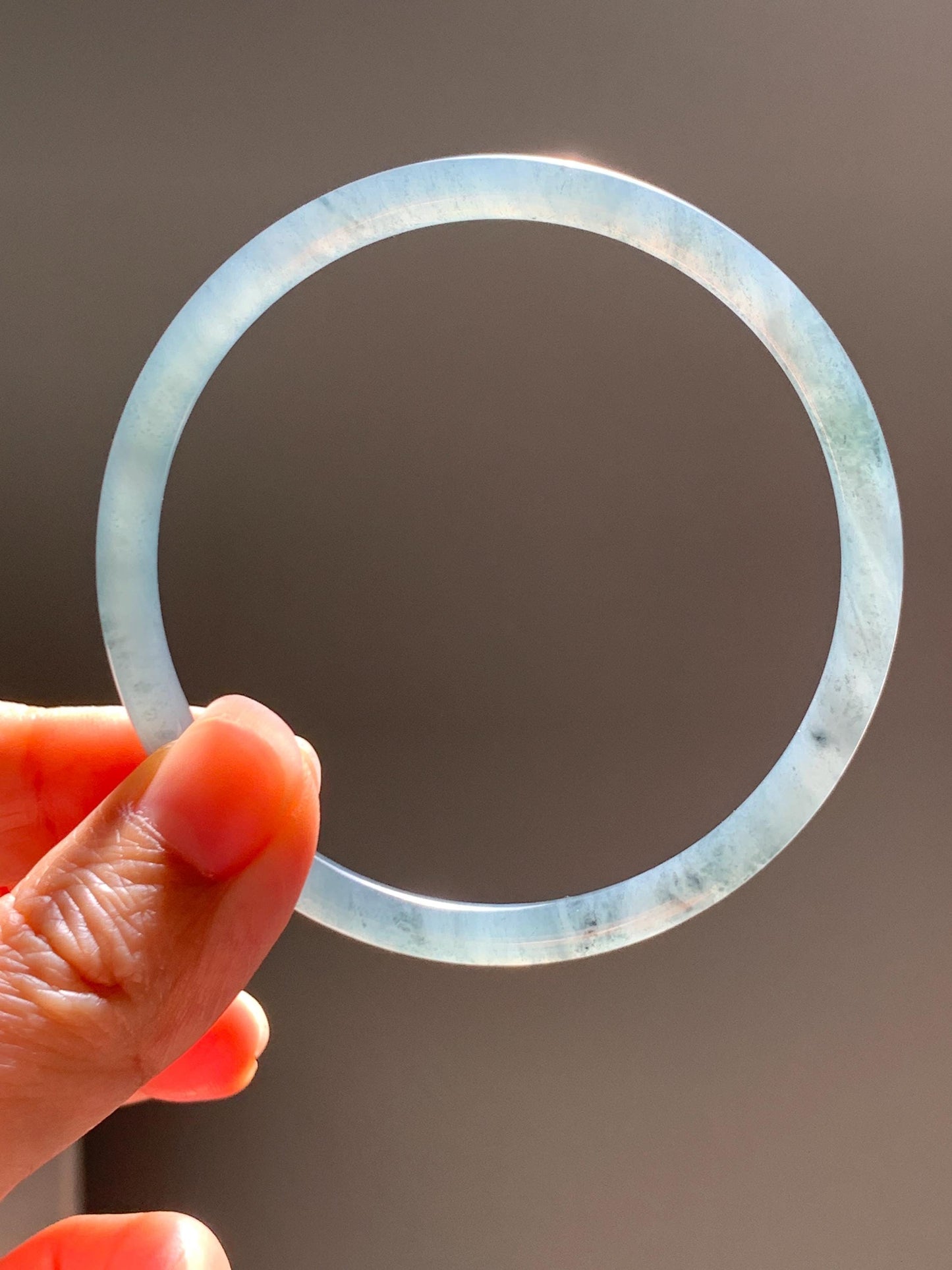 Certified Natural Grade A Guatemalan Icy Translucent Grayish Blue Wuji Marbled Jade Jadeite Bangle Bracelet 60.15mm 7.4” 天然冰危蓝灰乌鸡细圆条翡翠手镯 188