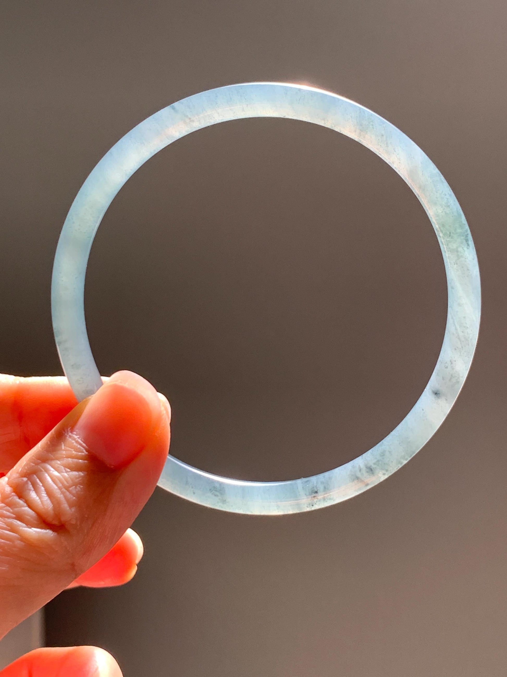 Certified Natural Grade A Guatemalan Icy Translucent Grayish Blue Wuji Marbled Jade Jadeite Bangle Bracelet 60.15mm 7.4” 天然冰危蓝灰乌鸡细圆条翡翠手镯 188