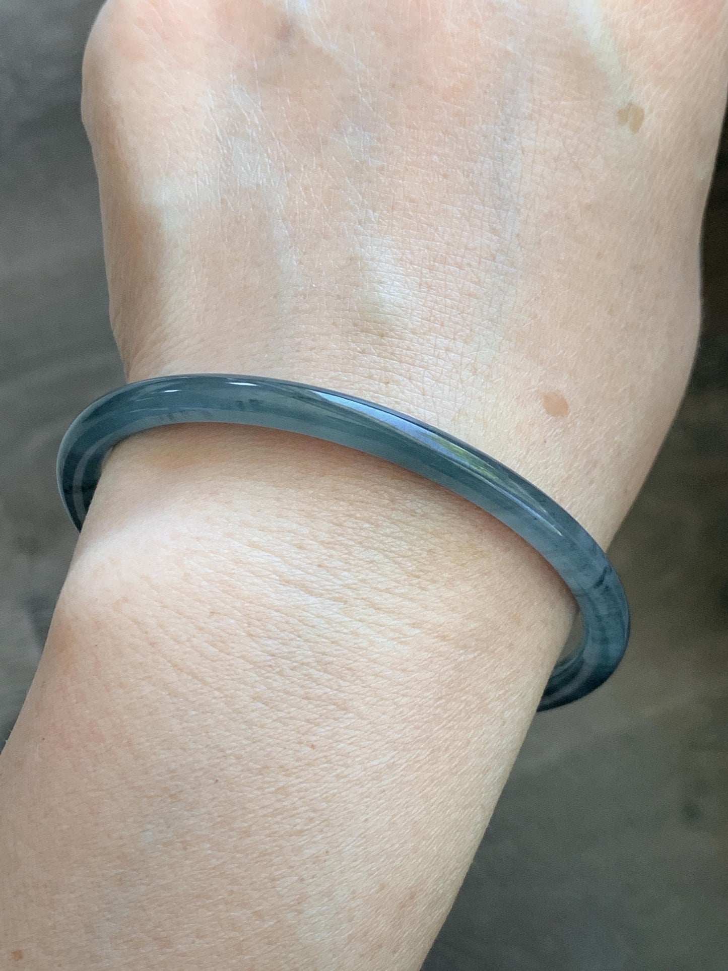 Certified Natural Grade A Guatemalan Icy Translucent Grayish Blue Wuji Marbled Jade Jadeite Bangle Bracelet 60.15mm 7.4” 天然冰危蓝灰乌鸡细圆条翡翠手镯 188