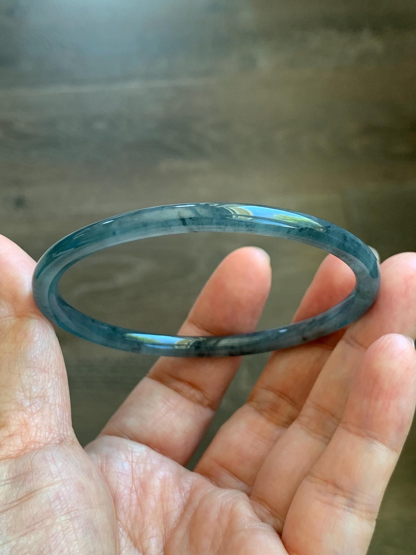 Certified Natural Grade A Guatemalan Icy Translucent Grayish Blue Wuji Marbled Jade Jadeite Bangle Bracelet 60.15mm 7.4” 天然冰危蓝灰乌鸡细圆条翡翠手镯 188