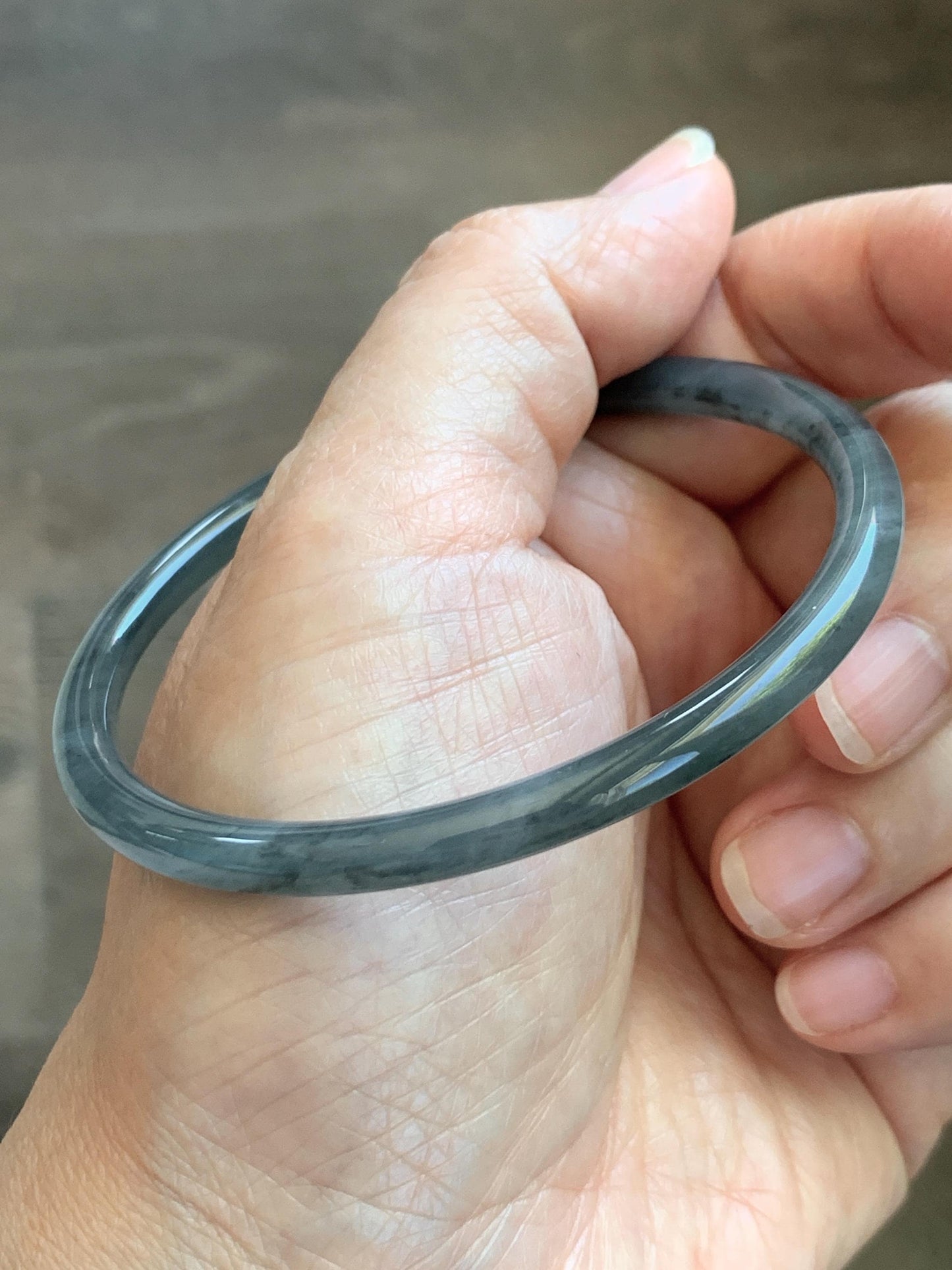 Certified Natural Grade A Guatemalan Icy Translucent Grayish Blue Wuji Marbled Jade Jadeite Bangle Bracelet 60.15mm 7.4” 天然冰危蓝灰乌鸡细圆条翡翠手镯 188
