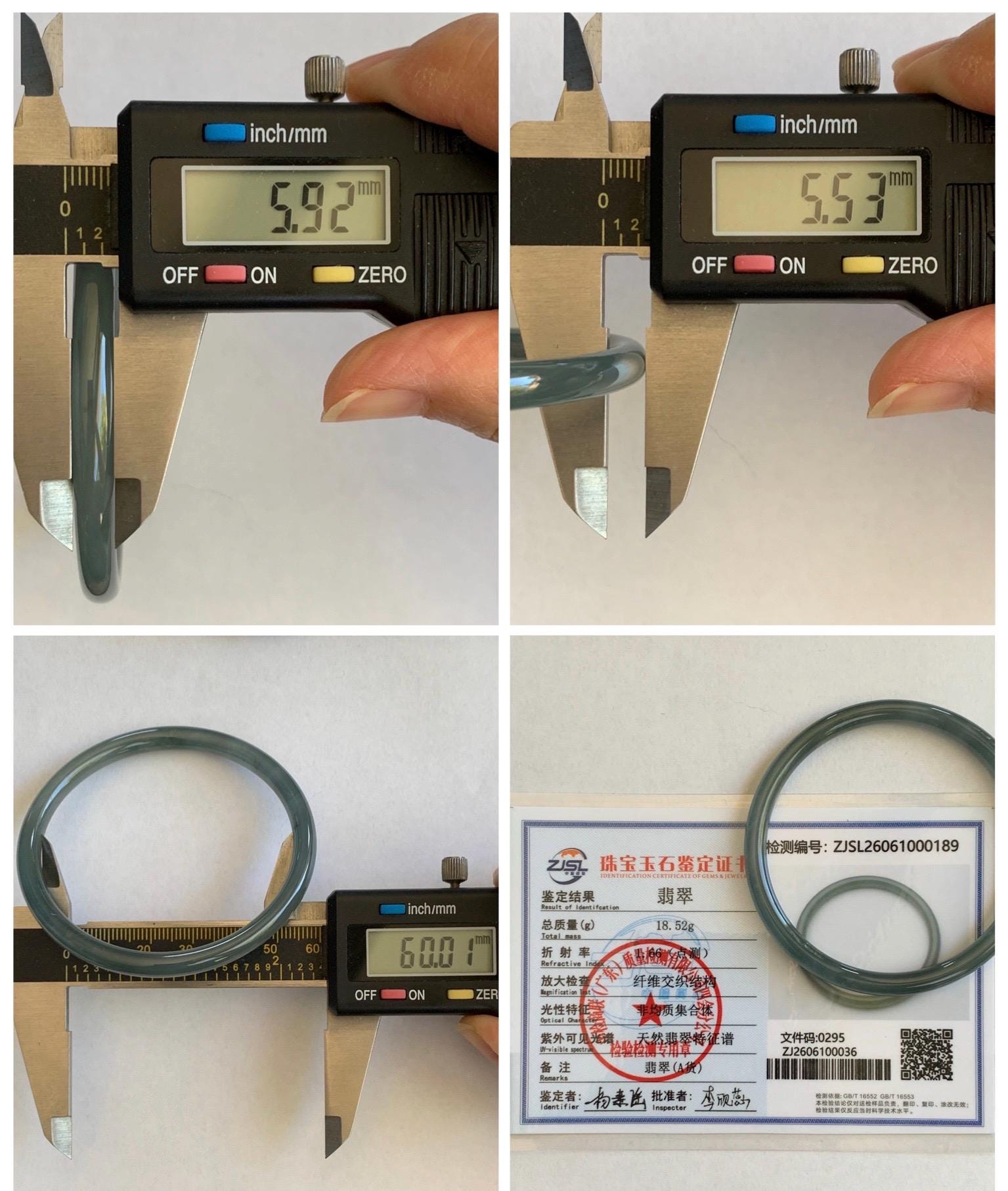 Certified Natural Grade A Guatemalan Icy Translucent Grayish Blue Wuji Marbled Jade Jadeite Bangle Bracelet 60mm 7.42” 天然冰危蓝灰乌鸡细圆条翡翠手镯 189