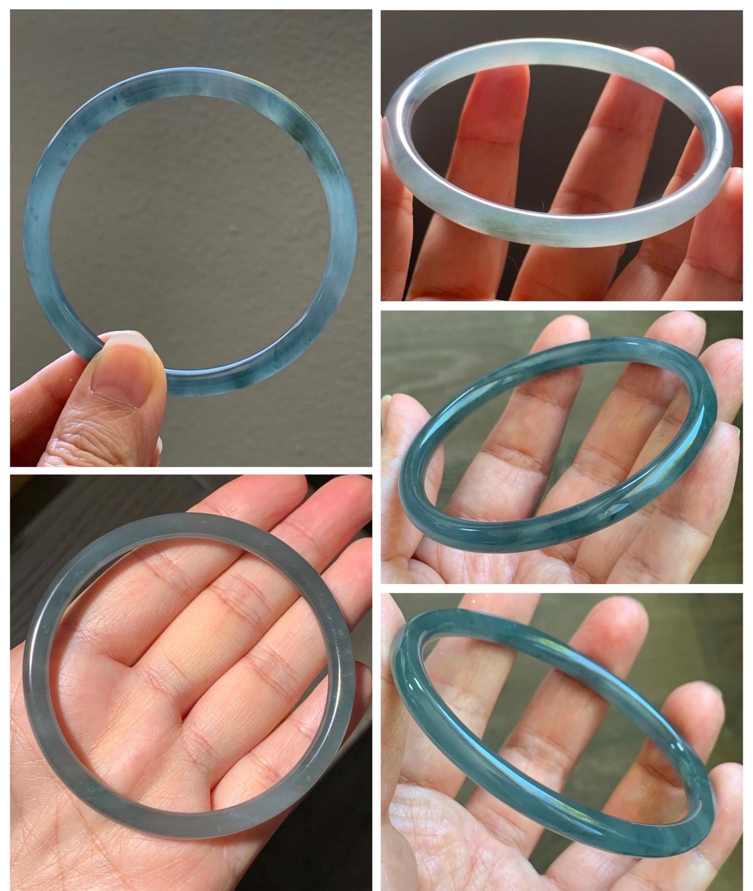 Certified Natural Grade A Guatemalan Icy Translucent Grayish Blue Wuji Marbled Jade Jadeite Bangle Bracelet 60mm 7.42” 天然冰危蓝灰乌鸡细圆条翡翠手镯 189