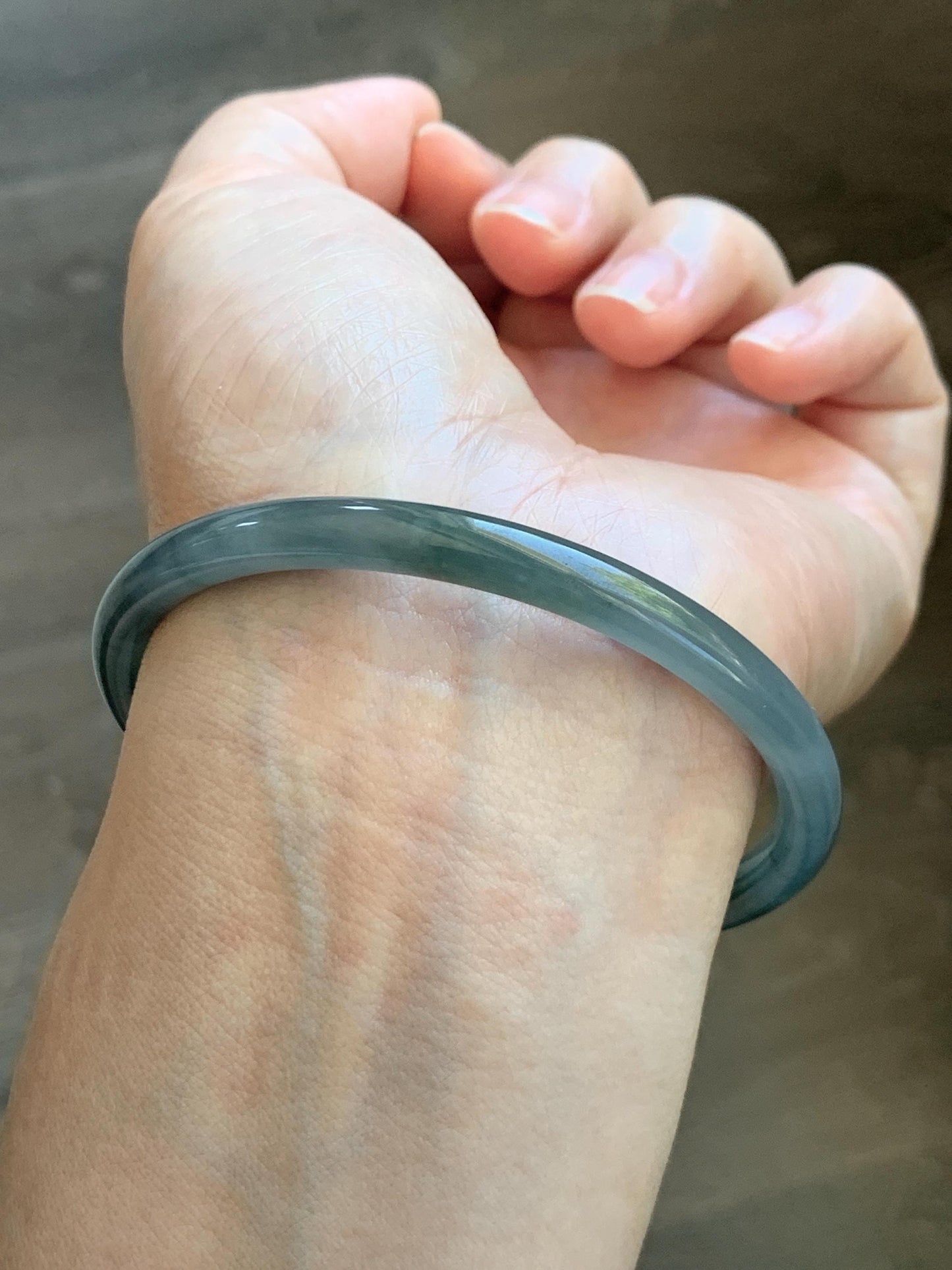 Certified Natural Grade A Guatemalan Icy Translucent Grayish Blue Wuji Marbled Jade Jadeite Bangle Bracelet 60mm 7.42” 天然冰危蓝灰乌鸡细圆条翡翠手镯 189