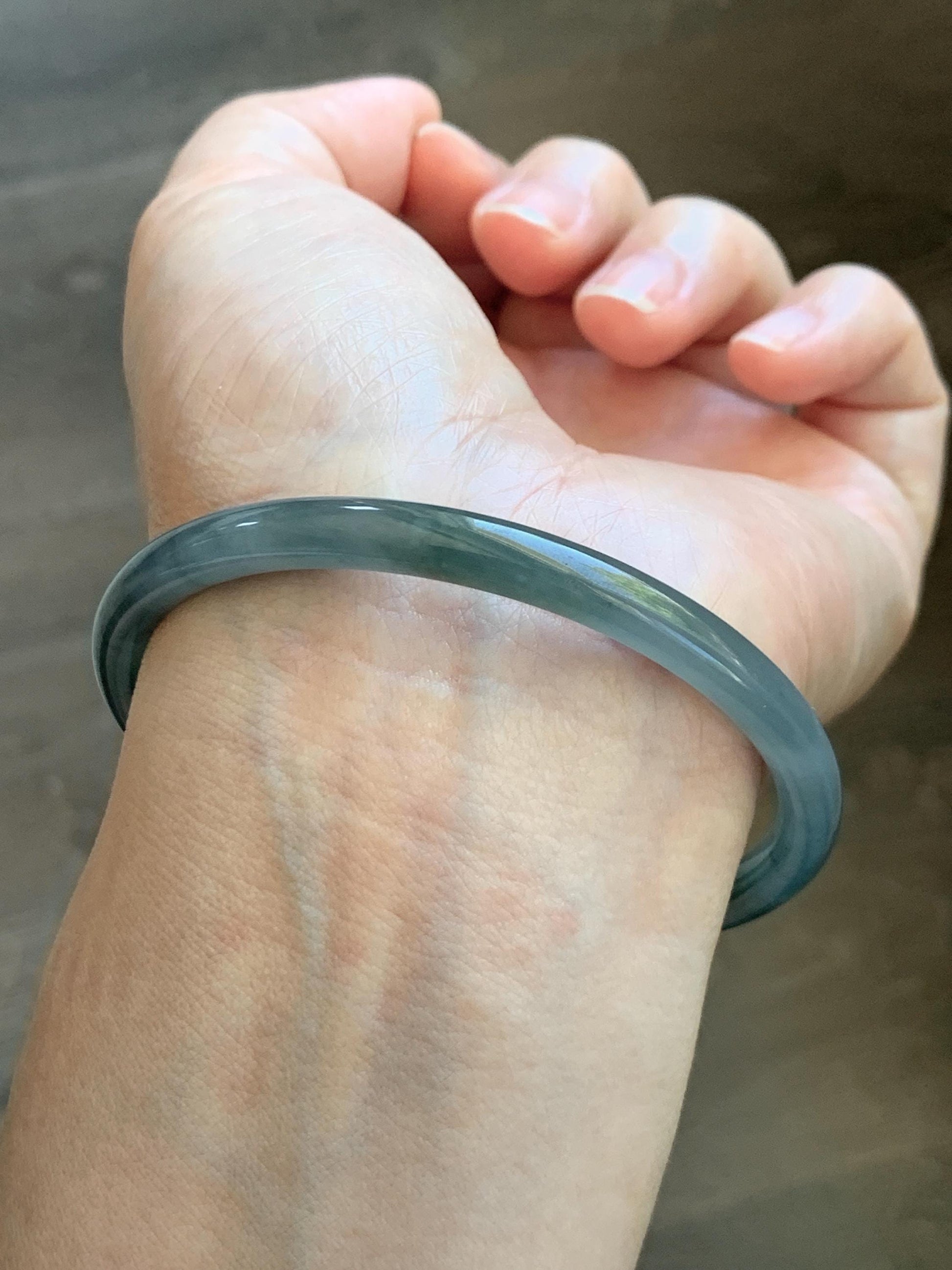Certified Natural Grade A Guatemalan Icy Translucent Grayish Blue Wuji Marbled Jade Jadeite Bangle Bracelet 60mm 7.42” 天然冰危蓝灰乌鸡细圆条翡翠手镯 189