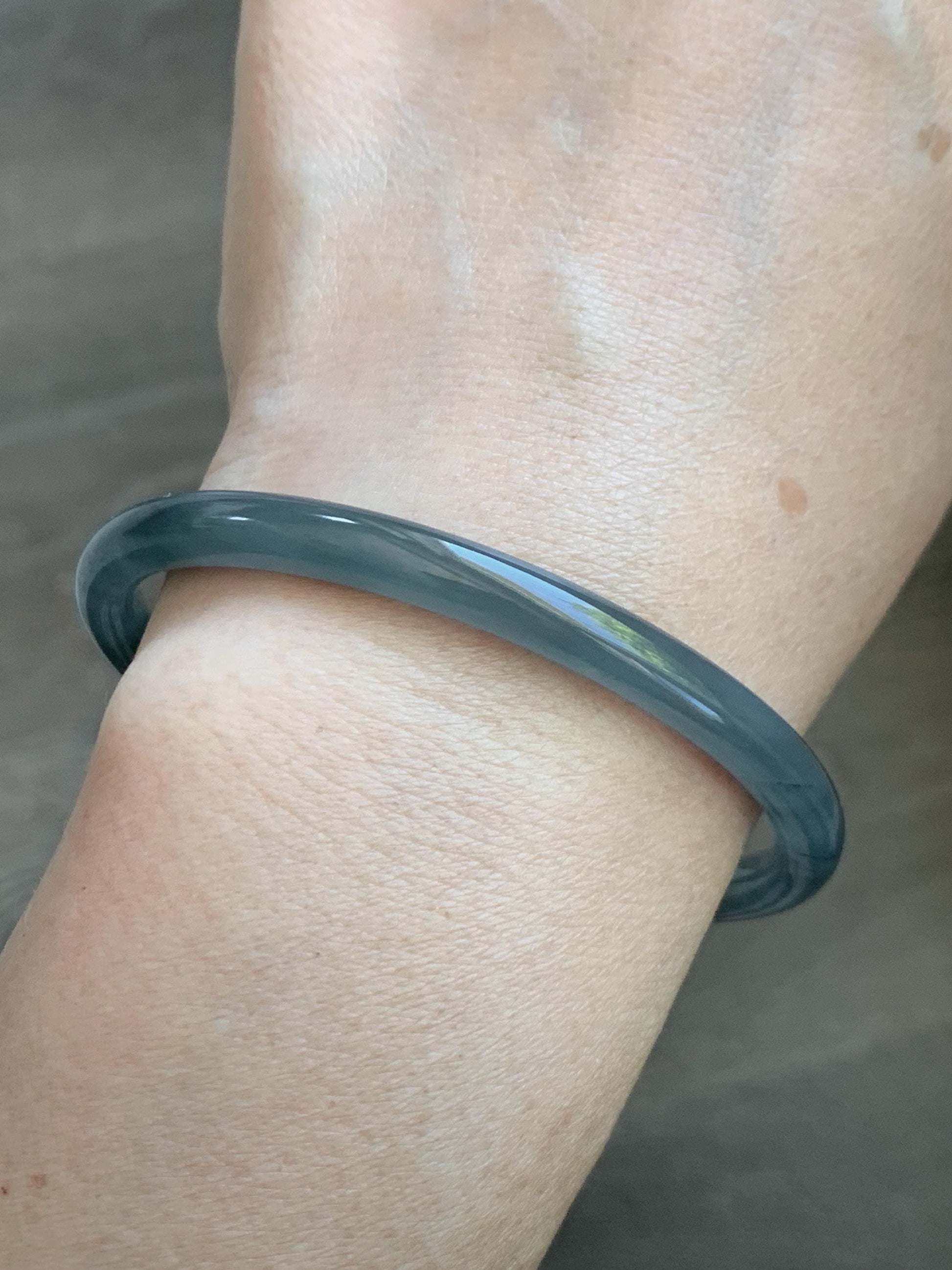 Certified Natural Grade A Guatemalan Icy Translucent Grayish Blue Wuji Marbled Jade Jadeite Bangle Bracelet 60mm 7.42” 天然冰危蓝灰乌鸡细圆条翡翠手镯 189