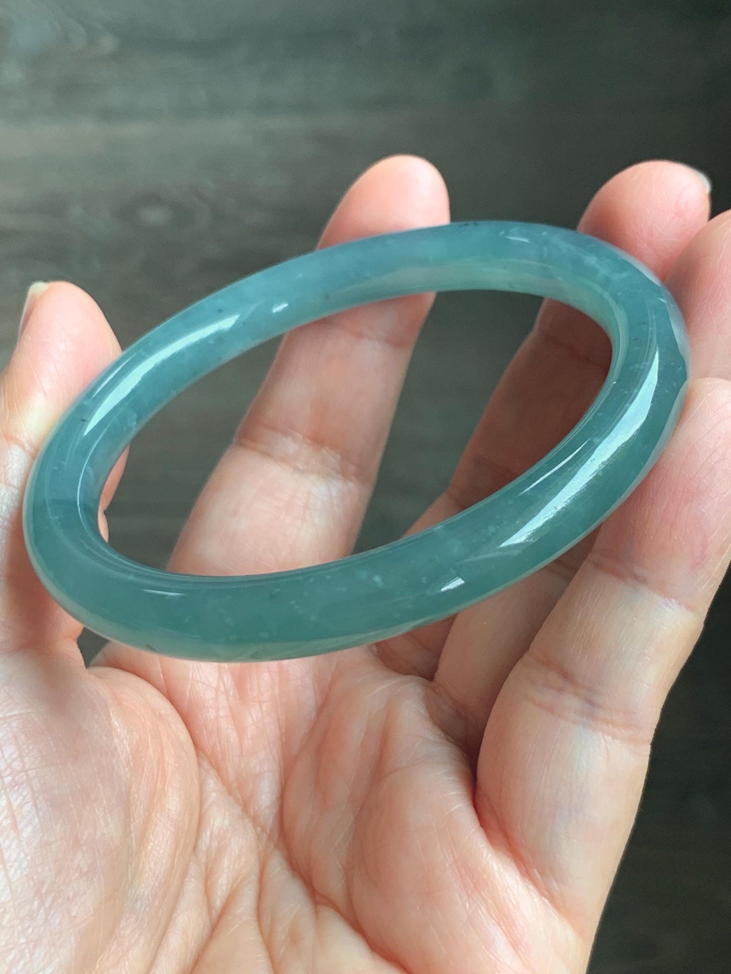 Certified Natural Grade A Guatemalan Icy Translucent Dusty Teal Green Jade Jadeite Bangle Bracelet 56.83mm 7” 32g 天然冰危蓝绿翡翠圆条手镯 211