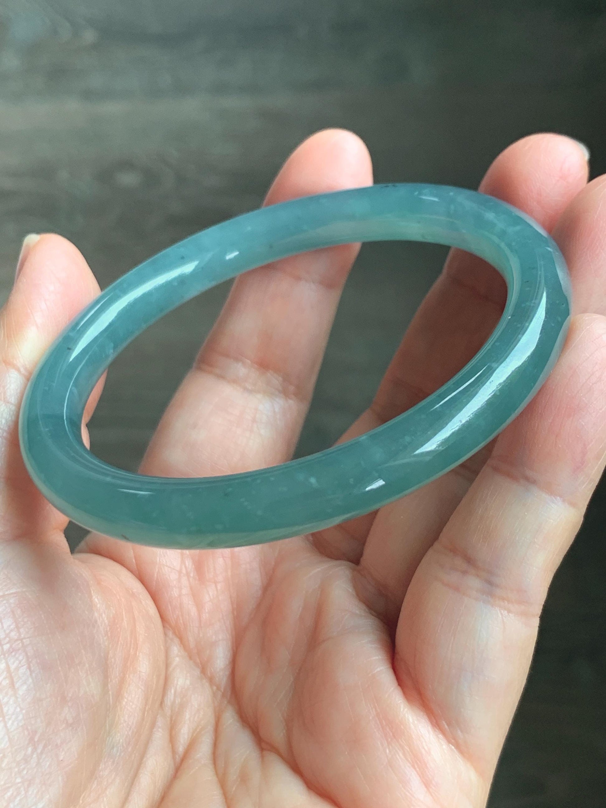 Certified Natural Grade A Guatemalan Icy Translucent Dusty Teal Green Jade Jadeite Bangle Bracelet 56.83mm 7” 32g 天然冰危蓝绿翡翠圆条手镯 211