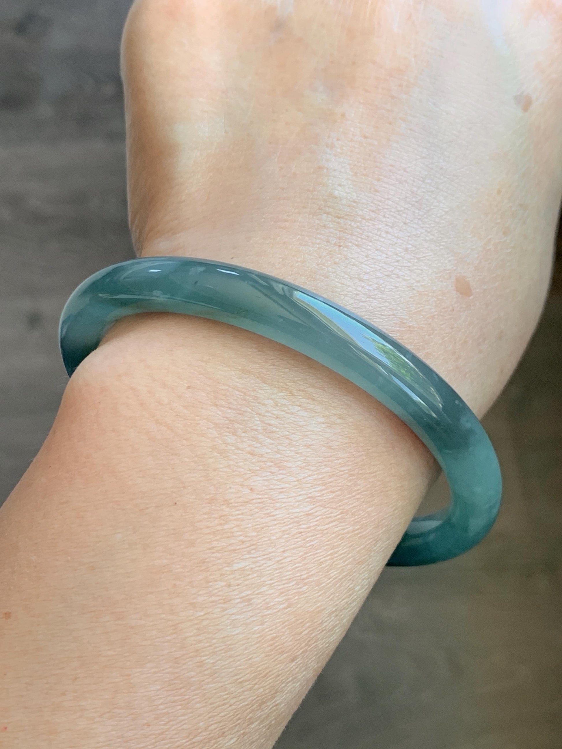 Certified Natural Grade A Guatemalan Icy Translucent Dusty Teal Green Jade Jadeite Bangle Bracelet 59mm 7.29” 34g 天然冰危蓝绿翡翠圆条手镯 200