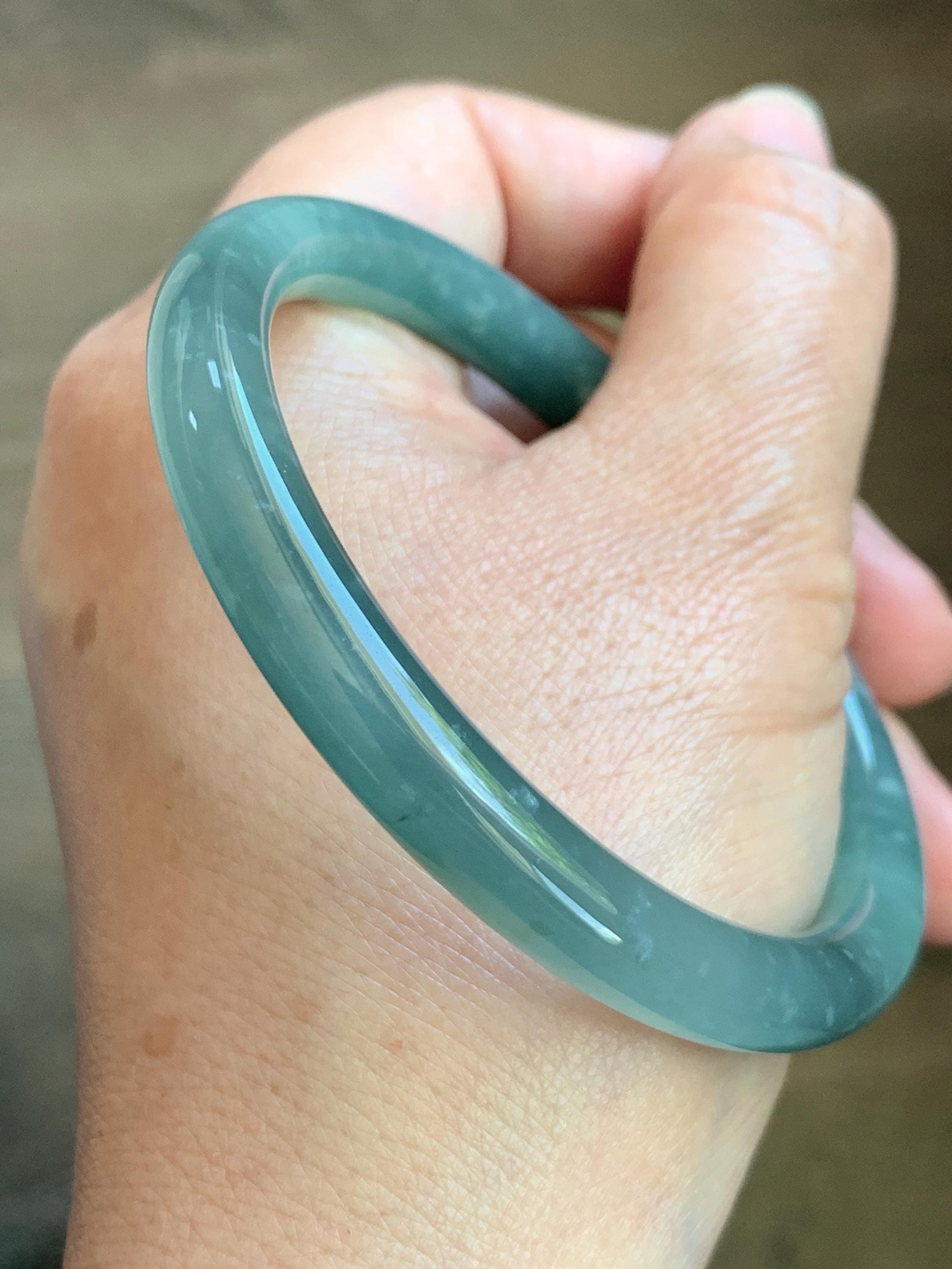 Certified Natural Grade A Guatemalan Icy Translucent Dusty Teal Green Jade Jadeite Bangle Bracelet 59mm 7.29” 34g 天然冰危蓝绿翡翠圆条手镯 200