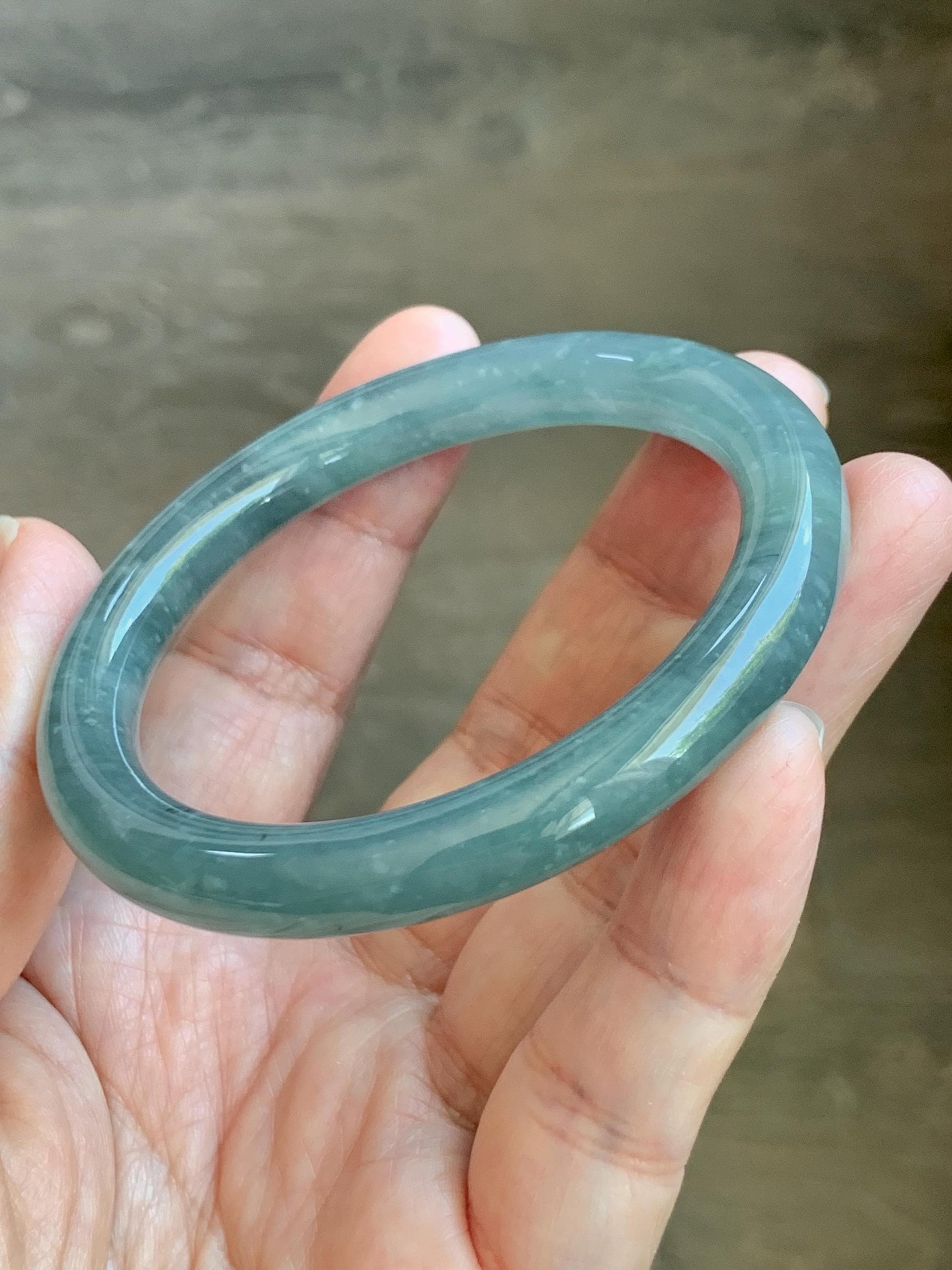 Certified Natural Grade A Guatemalan Icy Translucent Dusty Teal Blue Jade Jadeite Bangle Bracelet 53.8mm 6.65” 36g 天然冰危蓝绿翡翠圆条手镯 198