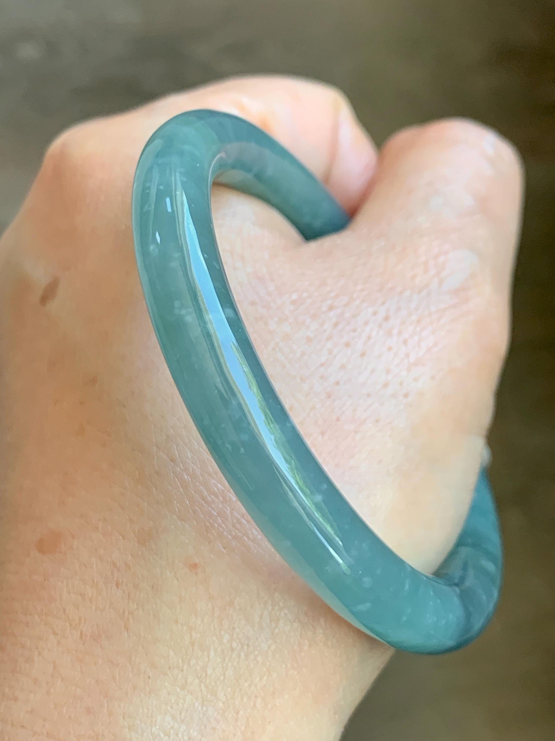 Certified Natural Grade A Guatemalan Icy Translucent Dusty Teal Blue Jade Jadeite Bangle Bracelet 53.8mm 6.65” 36g 天然冰危蓝绿翡翠圆条手镯 198
