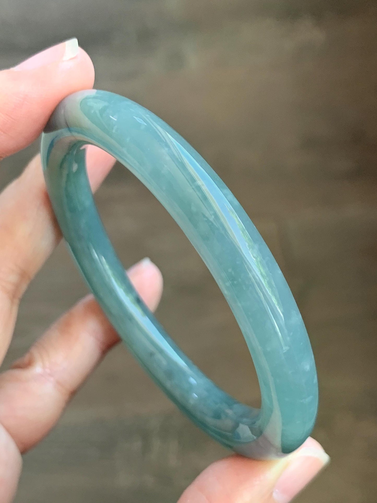 Certified Natural Grade A Guatemalan Icy Translucent Dusty Teal Blue Jade Jadeite Bangle Bracelet 53.8mm 6.65” 36g 天然冰危蓝绿翡翠圆条手镯 198