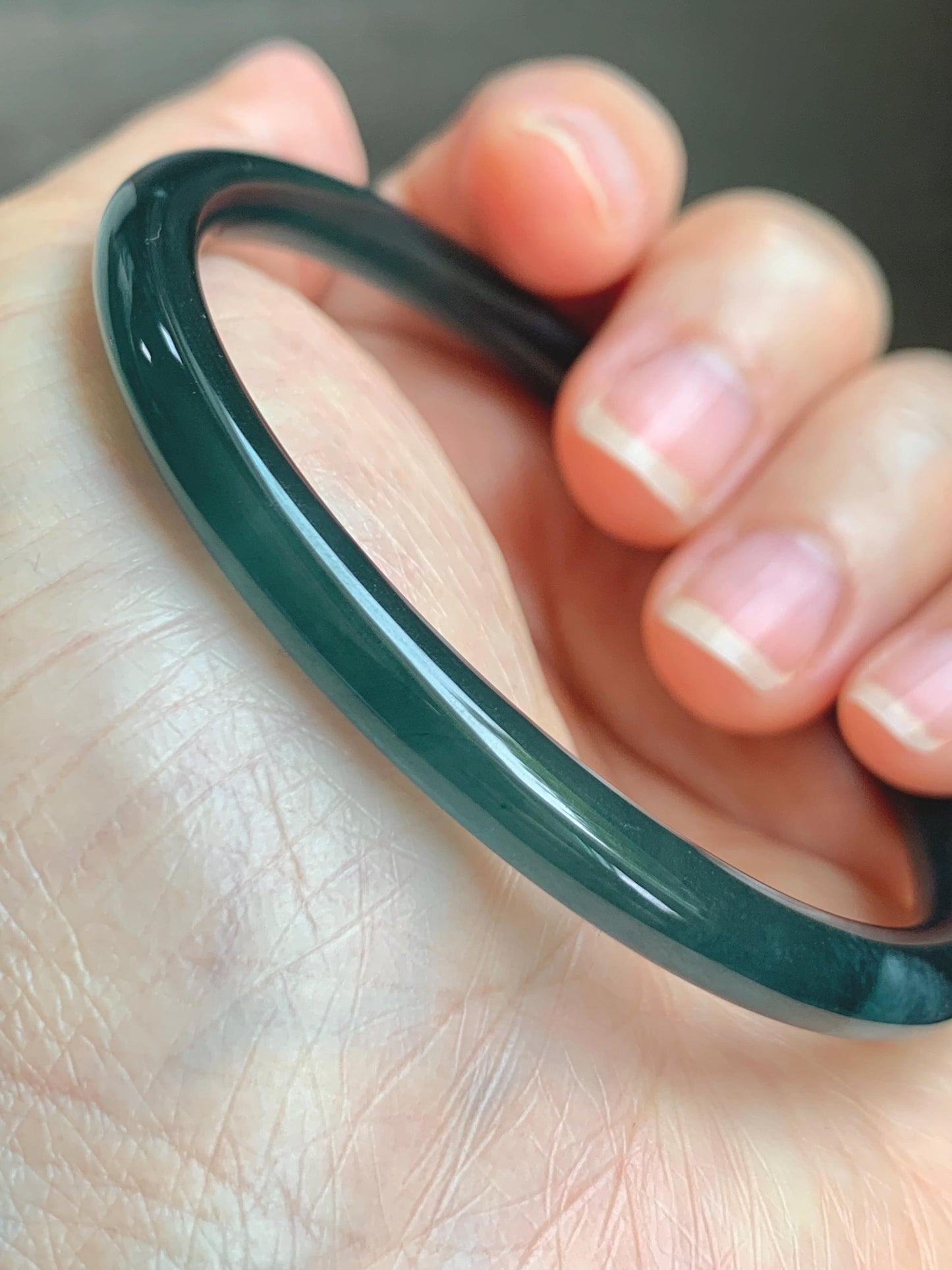 Certified Natural Grade A Guatemalan Icy Translucent Dark Teal Blue Jade Jadeite Slim Bangle 56.9mm 7.03” 17.7g AS IS 天然冰胶危深蓝绿翡翠细圆条手镯 1194