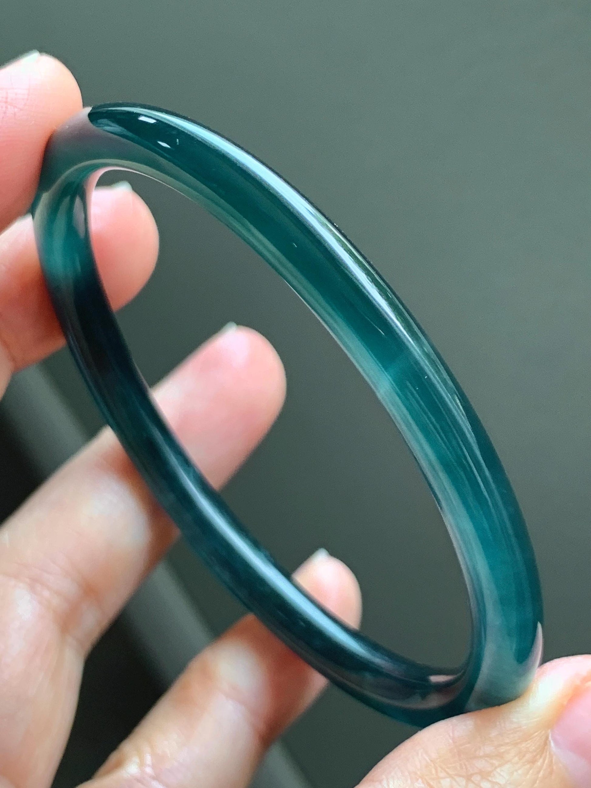 Certified Natural Grade A Guatemalan Icy Translucent Dark Teal Blue Jade Jadeite Slim Bangle 56.9mm 7.03” 17.7g AS IS 天然冰胶危深蓝绿翡翠细圆条手镯 1194