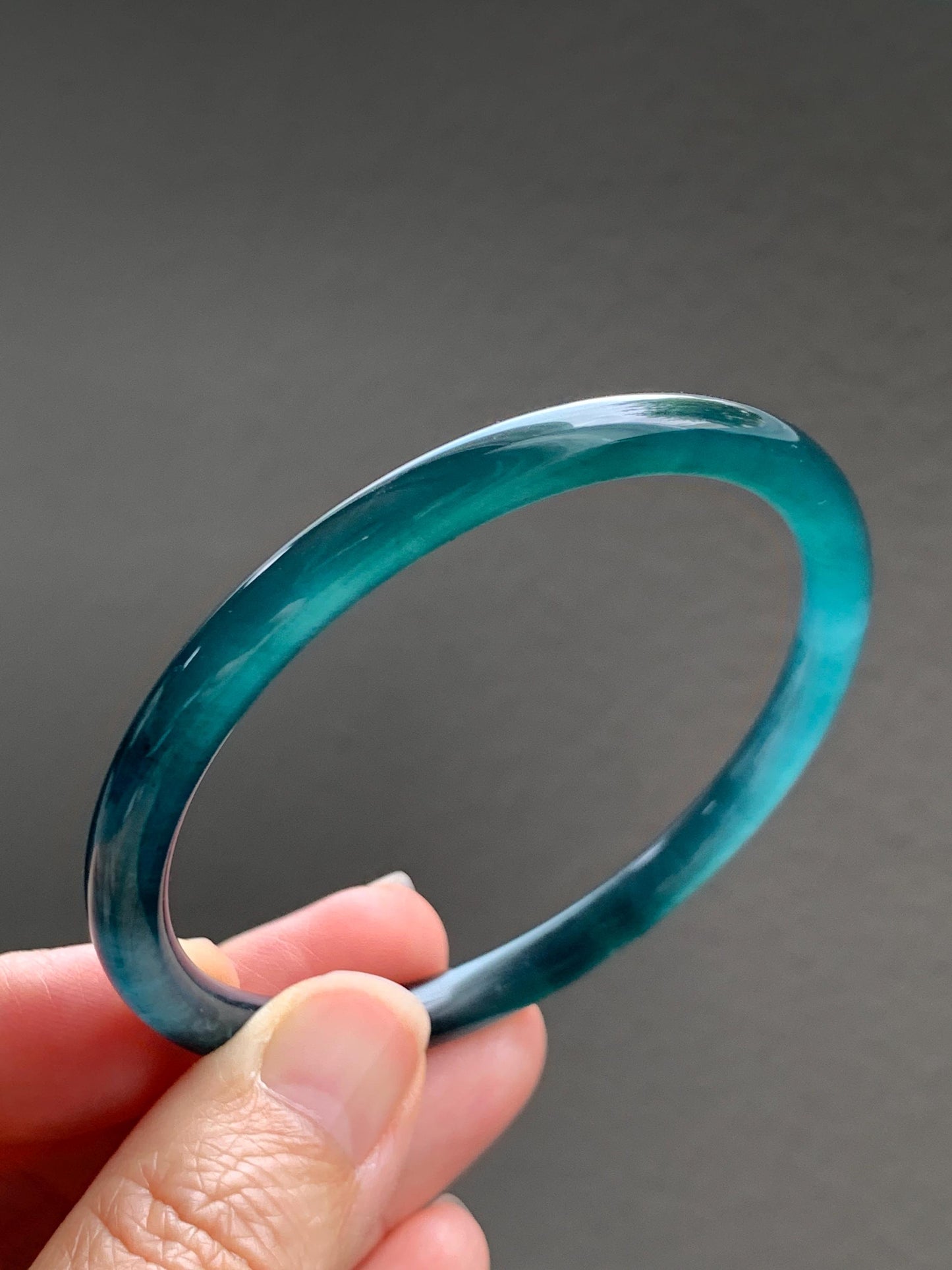 Certified Natural Grade A Guatemalan Icy Translucent Dark Teal Blue Jade Jadeite Slim Bangle 56.9mm 7.03” 17.7g AS IS 天然冰胶危深蓝绿翡翠细圆条手镯 1194