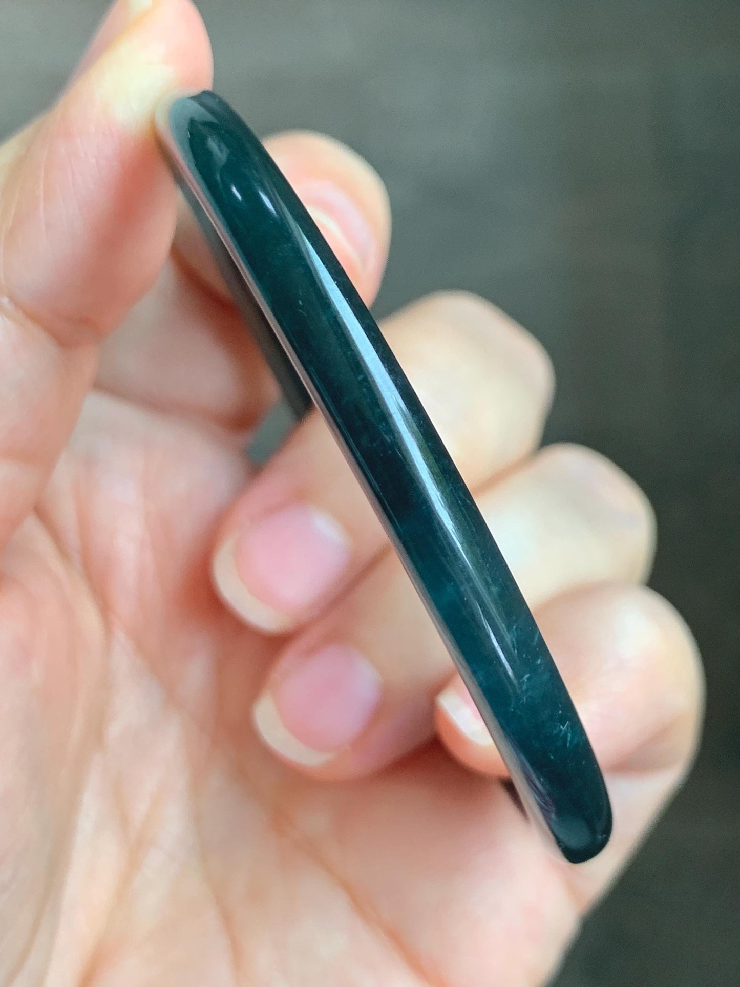 Certified Natural Grade A Guatemalan Icy Translucent Dark Teal Blue Jade Jadeite Slim Bangle 56.9mm 7.03” 17.7g AS IS 天然冰胶危深蓝绿翡翠细圆条手镯 1194