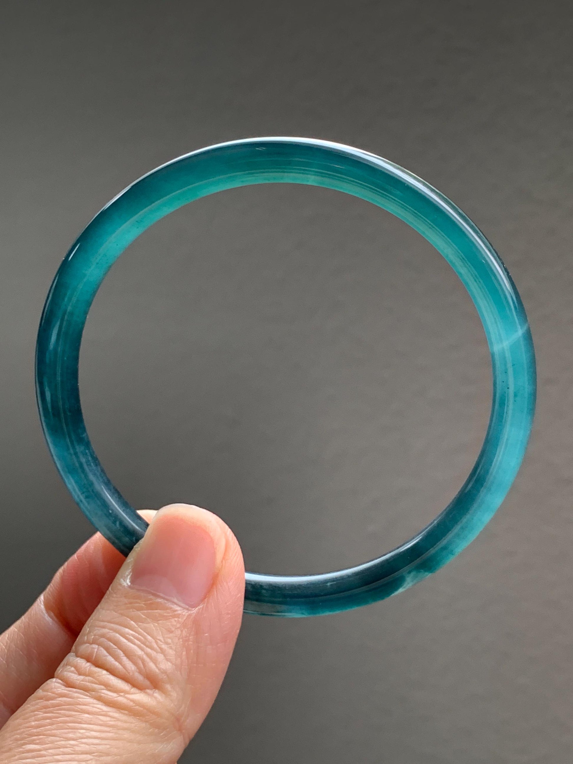 Certified Natural Grade A Guatemalan Icy Translucent Dark Teal Blue Jade Jadeite Slim Bangle 56.9mm 7.03” 17.7g AS IS 天然冰胶危深蓝绿翡翠细圆条手镯 1194