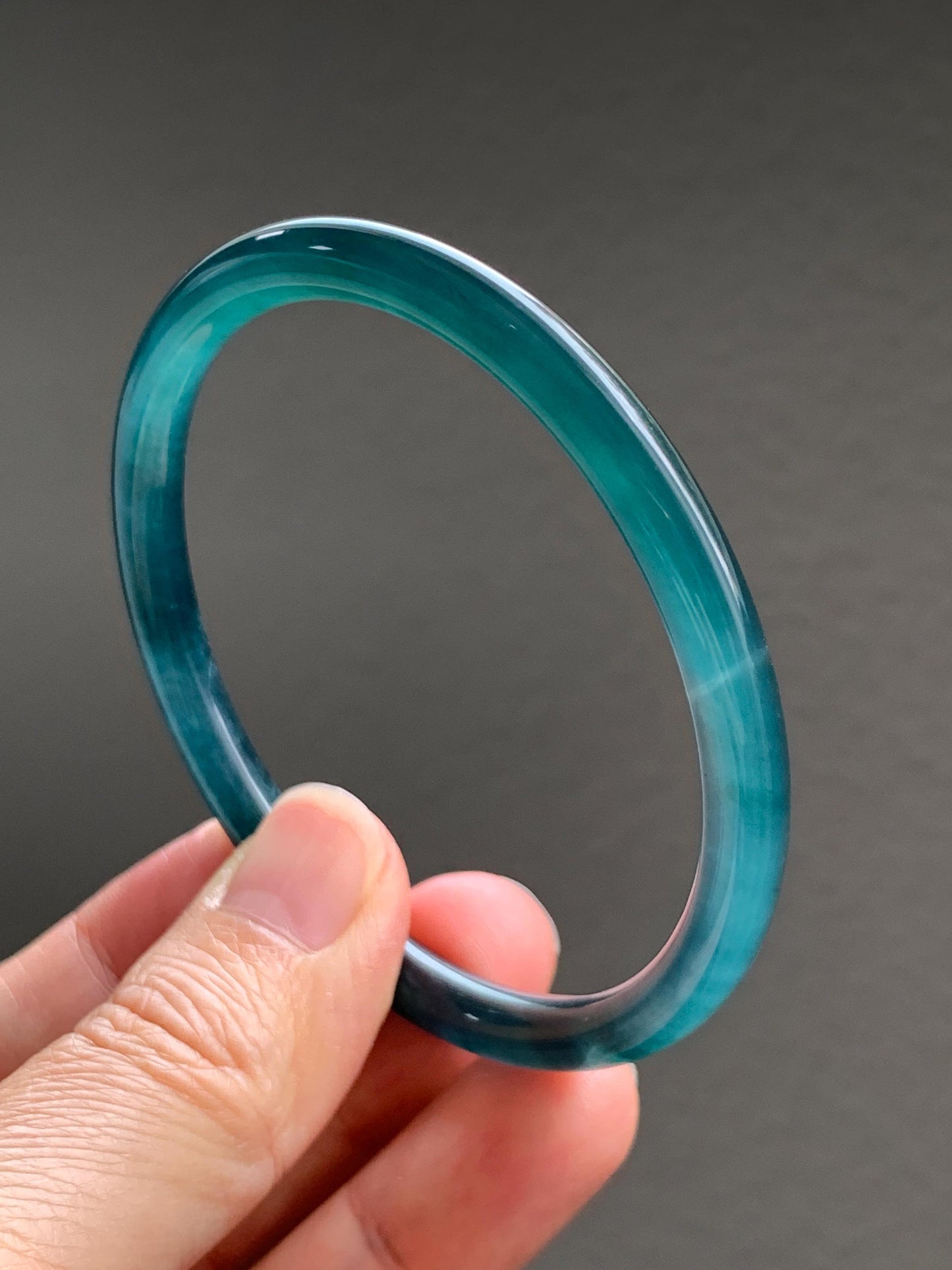 Certified Natural Grade A Guatemalan Icy Translucent Dark Teal Blue Jade Jadeite Slim Bangle 56.9mm 7.03” 17.7g AS IS 天然冰胶危深蓝绿翡翠细圆条手镯 1194