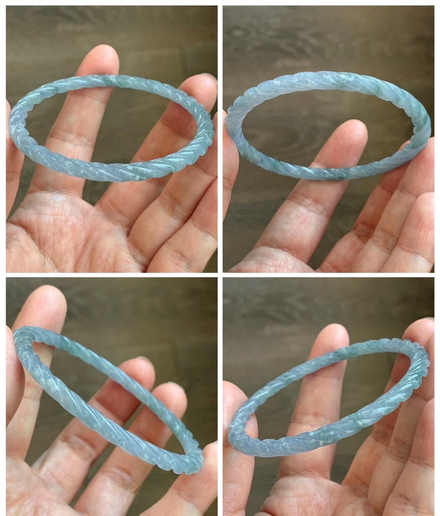 Certified Natural Grade A Guatemalan Icy Translucent Pastel Dusty Blue Jade Jadeite Carved Braid Slim Bangle 58.7mm 7.25” 天然冰危浅灰蓝翡翠细麻花手镯 196