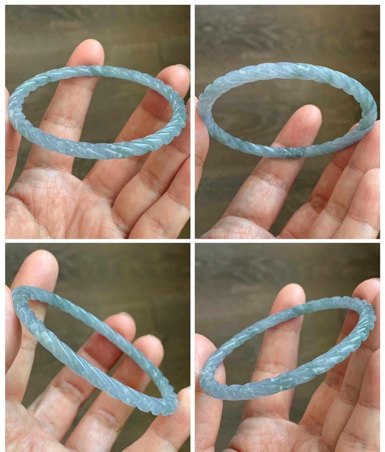 Certified Natural Grade A Guatemalan Icy Translucent Pastel Dusty Blue Jade Jadeite Carved Braid Slim Bangle 58.7mm 7.25” 天然冰危浅灰蓝翡翠细麻花手镯 196