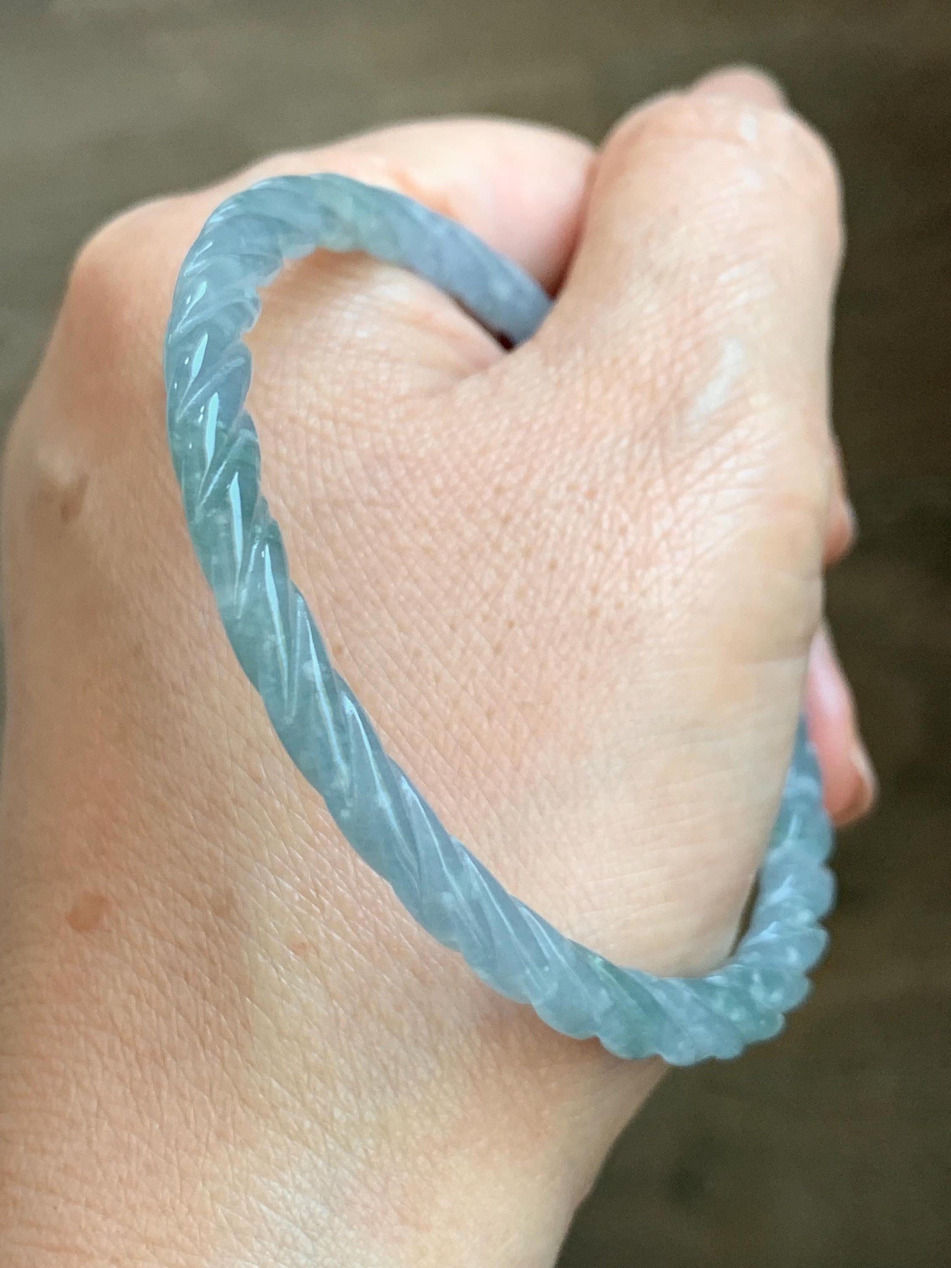 Certified Natural Grade A Guatemalan Icy Translucent Pastel Dusty Blue Jade Jadeite Carved Braid Slim Bangle 58.7mm 7.25” 天然冰危浅灰蓝翡翠细麻花手镯 196