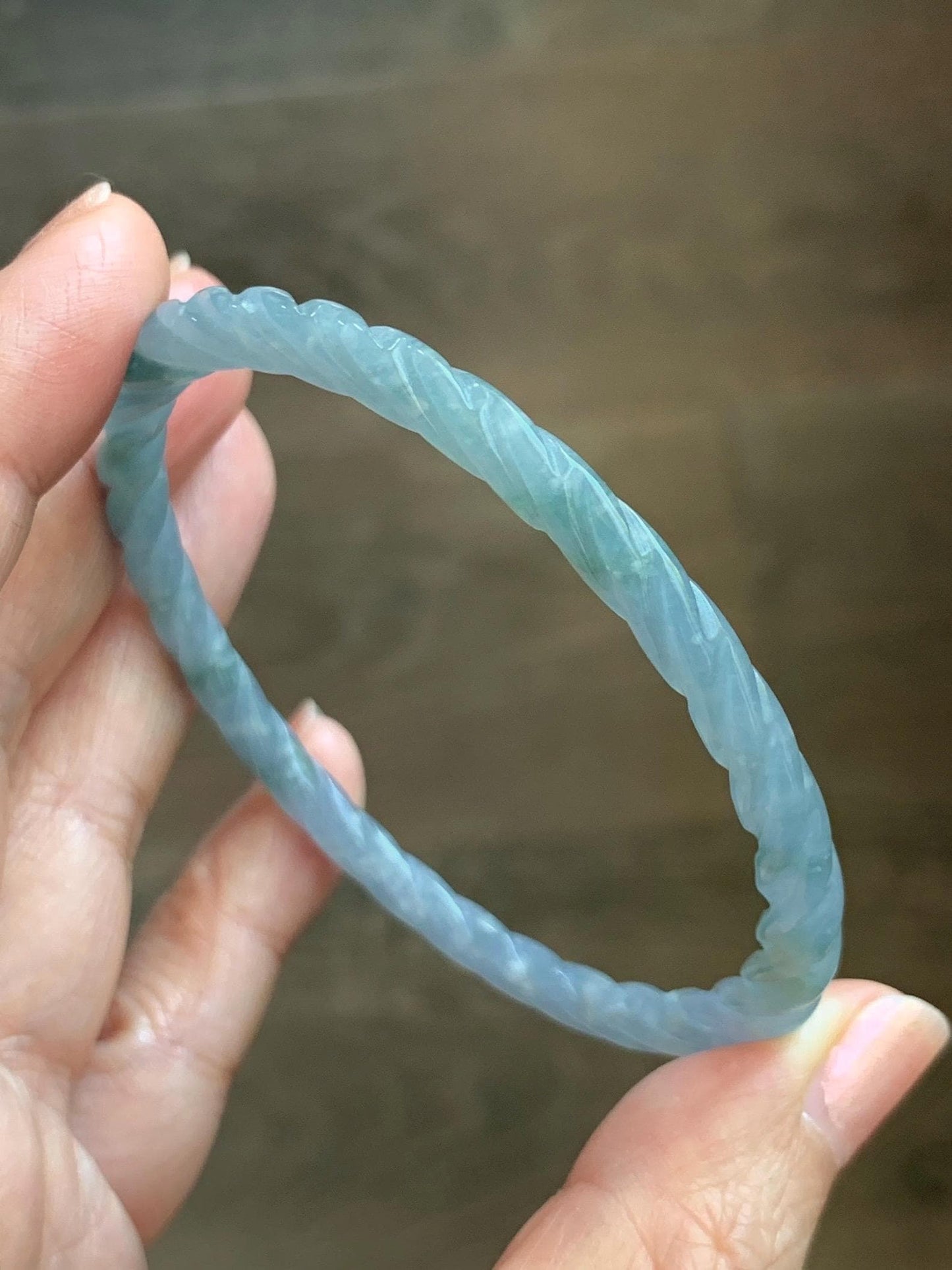 Certified Natural Grade A Guatemalan Icy Translucent Pastel Dusty Blue Jade Jadeite Carved Braid Slim Bangle 58.7mm 7.25” 天然冰危浅灰蓝翡翠细麻花手镯 196