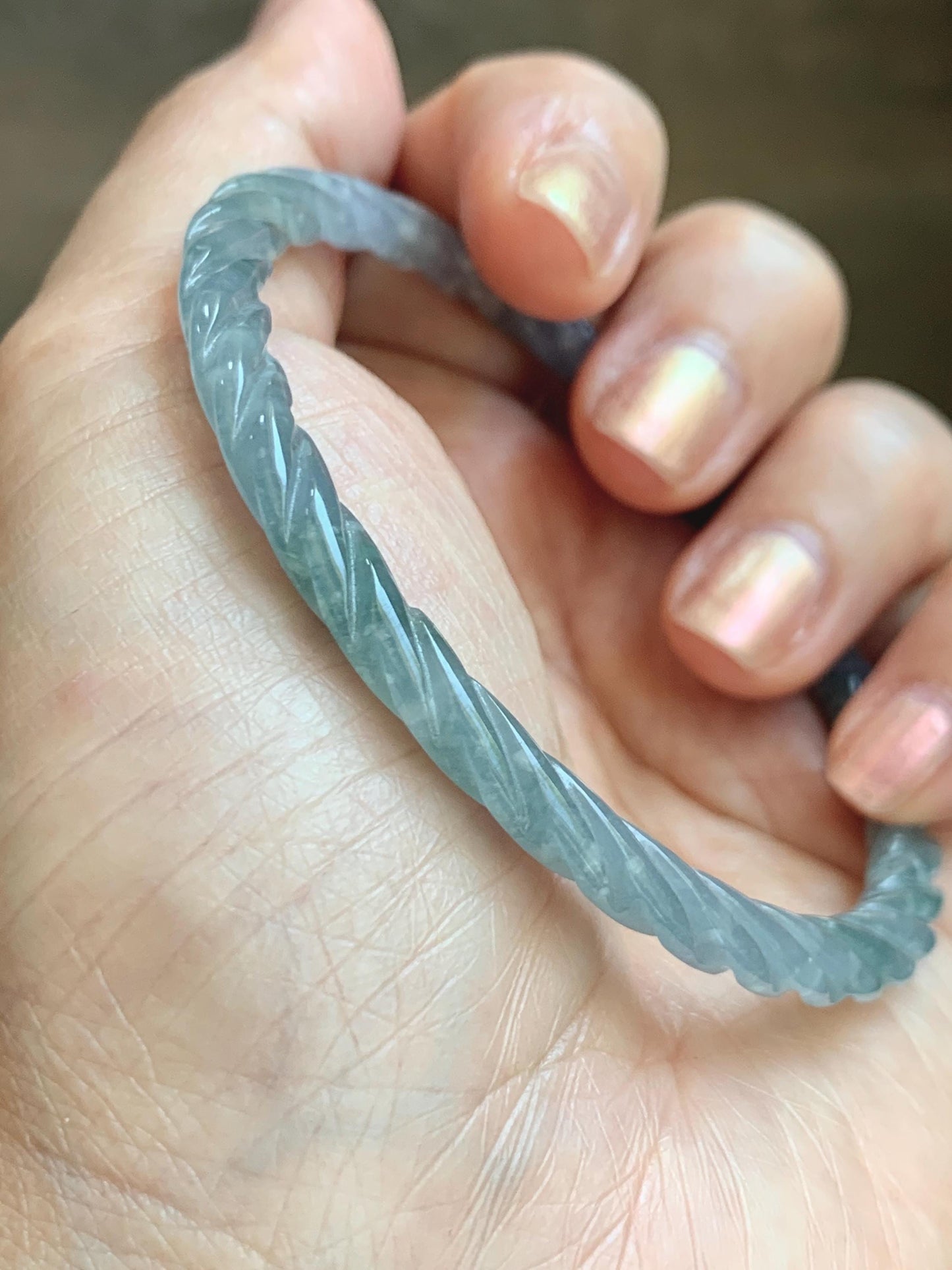 Certified Natural Grade A Guatemalan Icy Translucent Pastel Dusty Blue Jade Jadeite Carved Braid Slim Bangle 58.7mm 7.25” 天然冰危浅灰蓝翡翠细麻花手镯 196