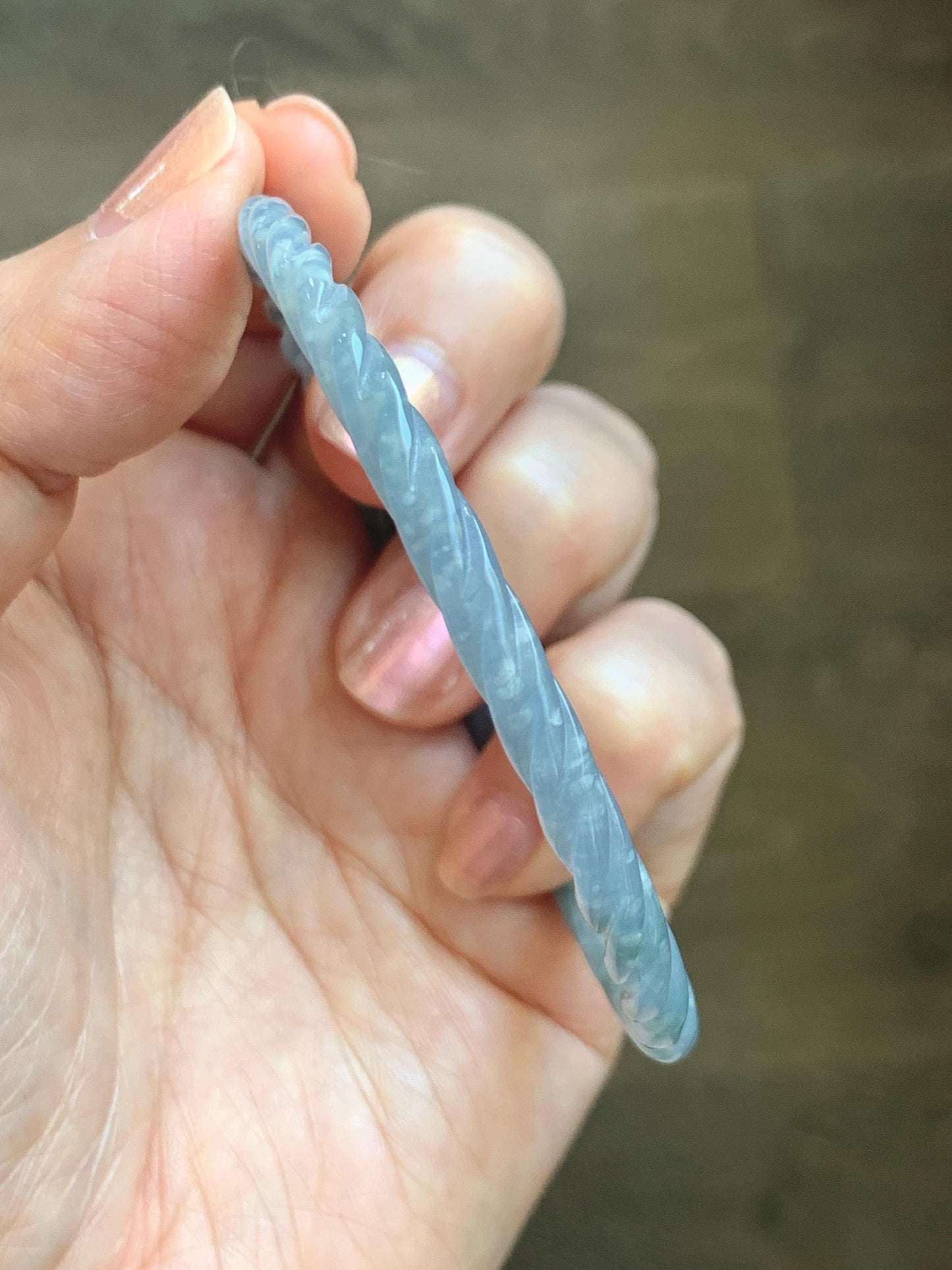 Certified Natural Grade A Guatemalan Icy Translucent Pastel Dusty Blue Jade Jadeite Carved Braid Slim Bangle 58.7mm 7.25” 天然冰危浅灰蓝翡翠细麻花手镯 196