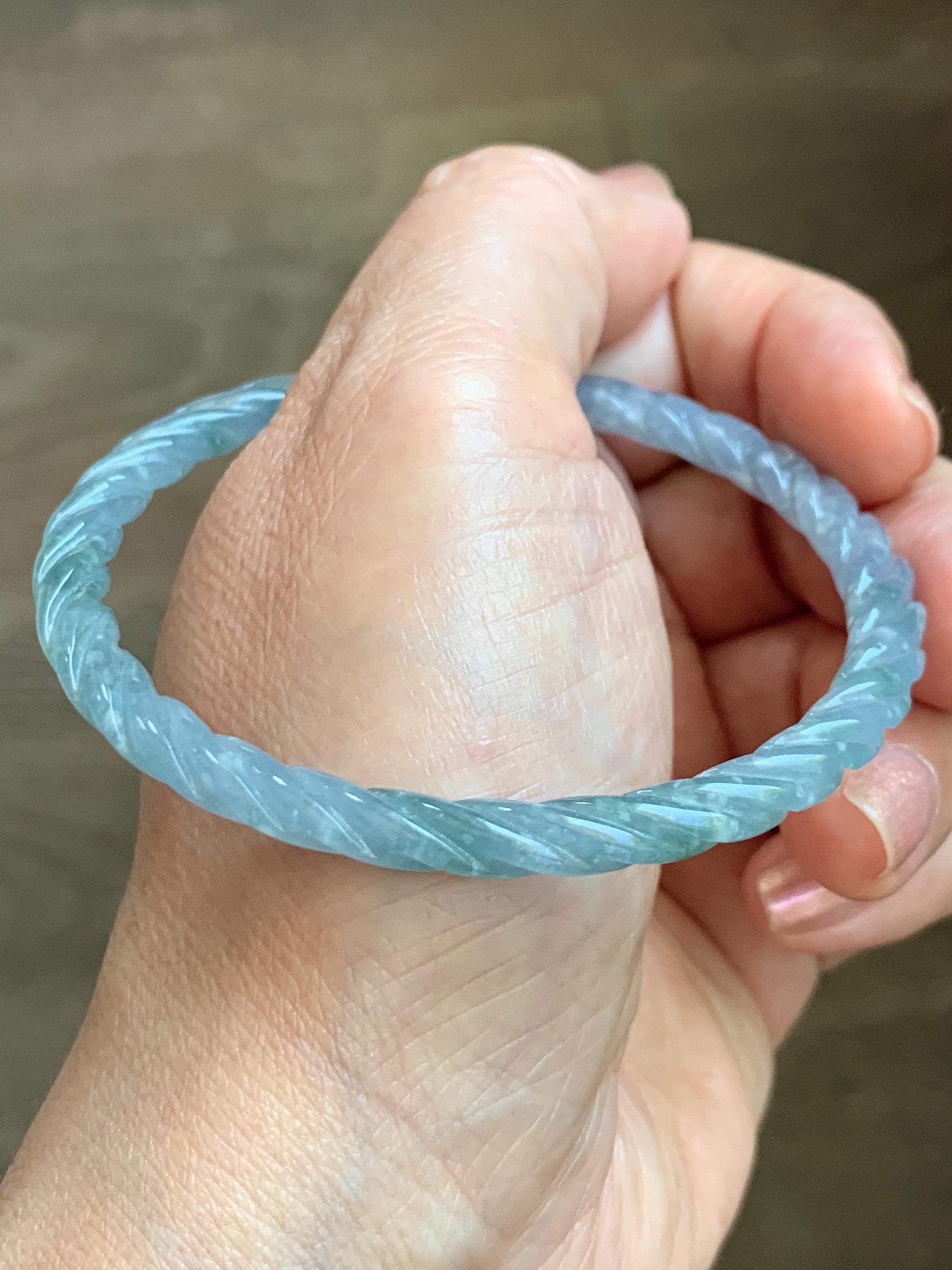 Certified Natural Grade A Guatemalan Icy Translucent Pastel Dusty Blue Jade Jadeite Carved Braid Slim Bangle 58.7mm 7.25” 天然冰危浅灰蓝翡翠细麻花手镯 196
