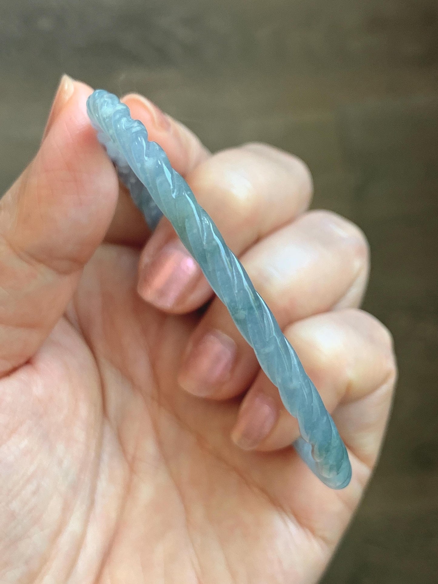 Certified Natural Grade A Guatemalan Icy Translucent Pastel Dusty Blue Jade Jadeite Carved Braid Slim Bangle 58.7mm 7.25” 天然冰危浅灰蓝翡翠细麻花手镯 196