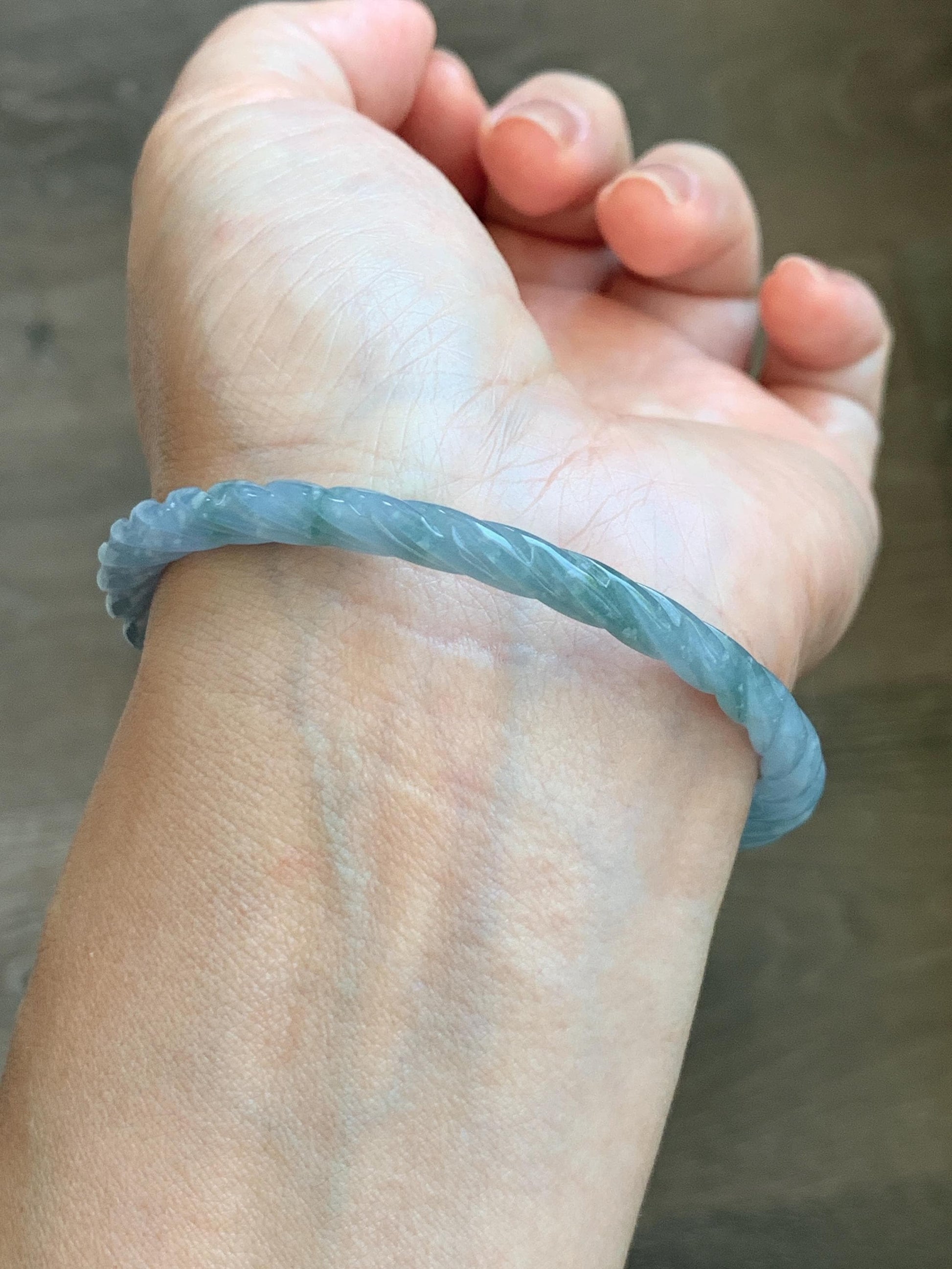 Certified Natural Grade A Guatemalan Icy Translucent Pastel Dusty Blue Jade Jadeite Carved Braid Slim Bangle 58.7mm 7.25” 天然冰危浅灰蓝翡翠细麻花手镯 196