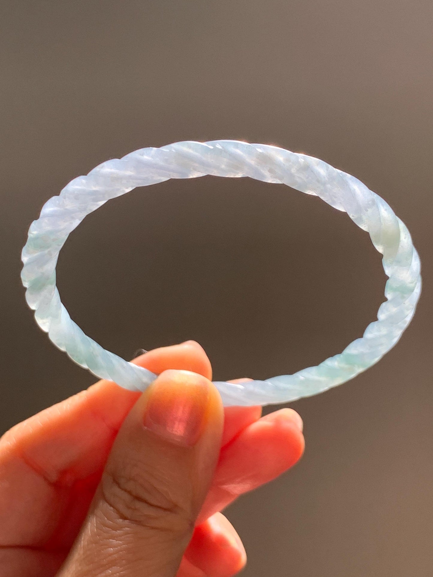 Certified Natural Grade A Guatemalan Icy Translucent Pastel Dusty Blue Jade Jadeite Carved Braid Slim Bangle 58.7mm 7.25” 天然冰危浅灰蓝翡翠细麻花手镯 196