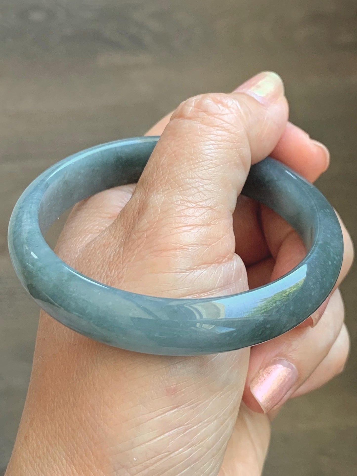Certified Natural Grade A Guatemalan Icy Translucent Bluish Gray Wuji Jade Jadeite Wide Bangle 56.59mm 6.99” 39g 天然冰危灰蓝乌鸡翡翠正圈宽版手镯 204