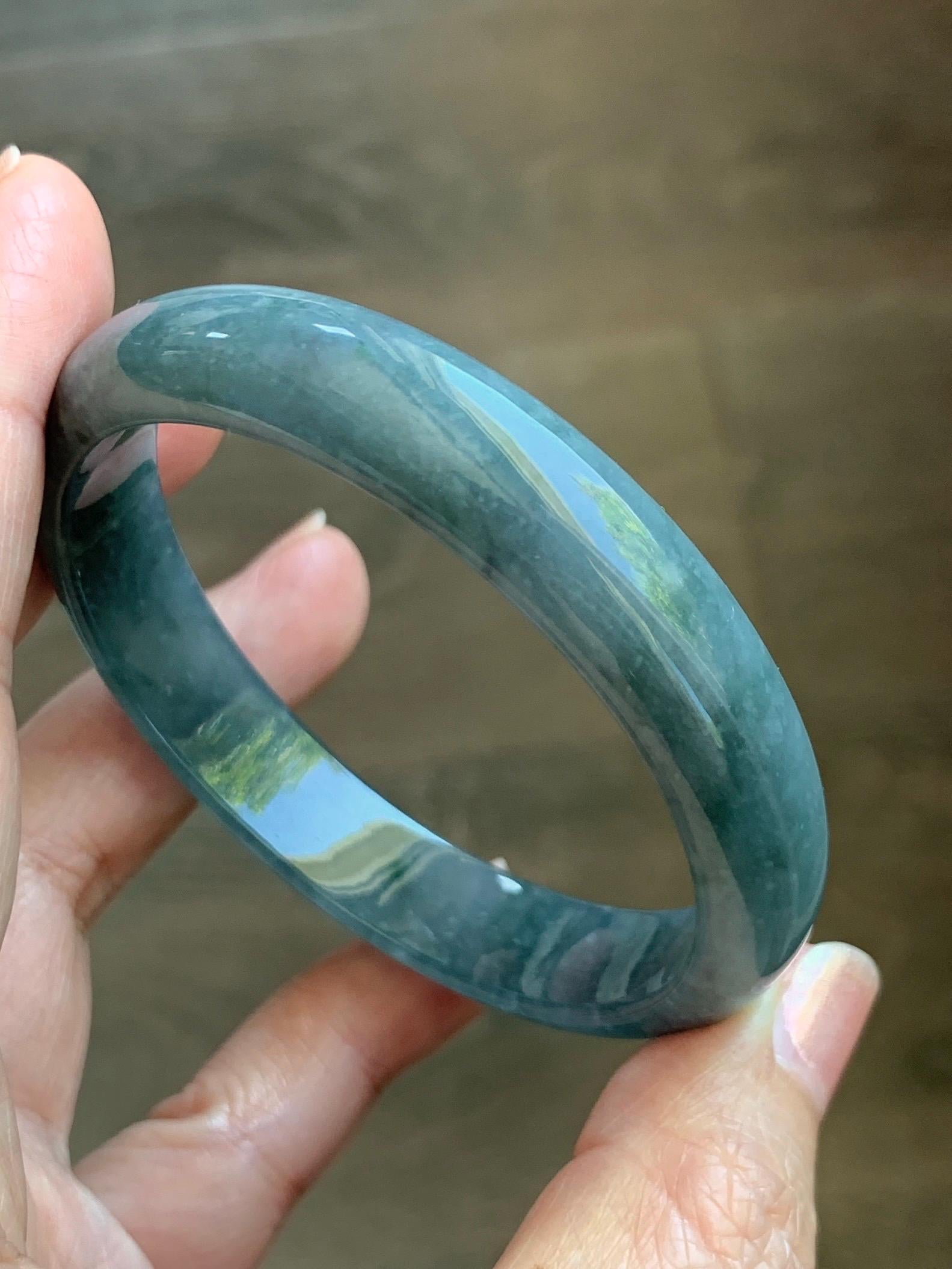 Certified Natural Grade A Guatemalan Icy Translucent Bluish Gray Wuji Jade Jadeite Wide Bangle 56.59mm 6.99” 39g 天然冰危灰蓝乌鸡翡翠正圈宽版手镯 204
