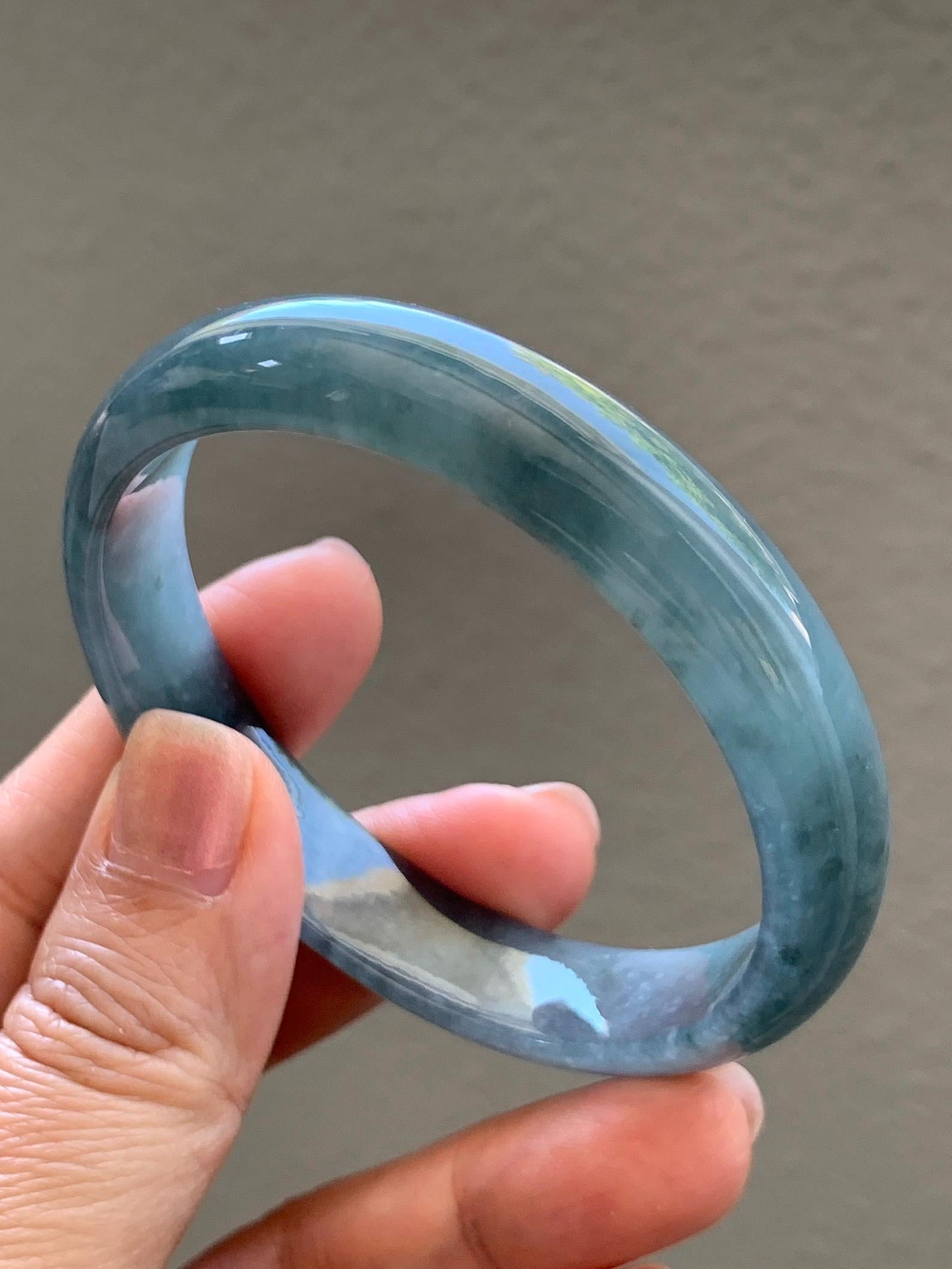Certified Natural Grade A Guatemalan Icy Translucent Bluish Gray Wuji Jade Jadeite Wide Bangle 56.59mm 6.99” 39g 天然冰危灰蓝乌鸡翡翠正圈宽版手镯 204