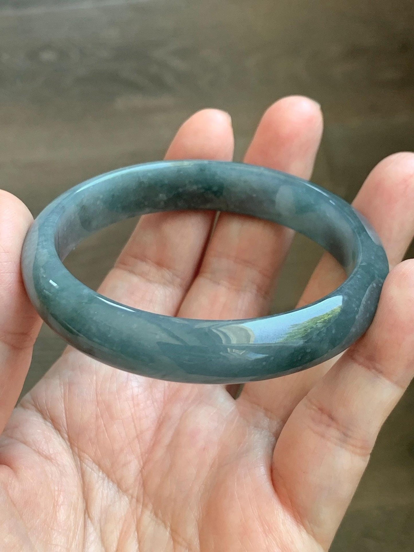 Certified Natural Grade A Guatemalan Icy Translucent Bluish Gray Wuji Jade Jadeite Wide Bangle 56.59mm 6.99” 39g 天然冰危灰蓝乌鸡翡翠正圈宽版手镯 204