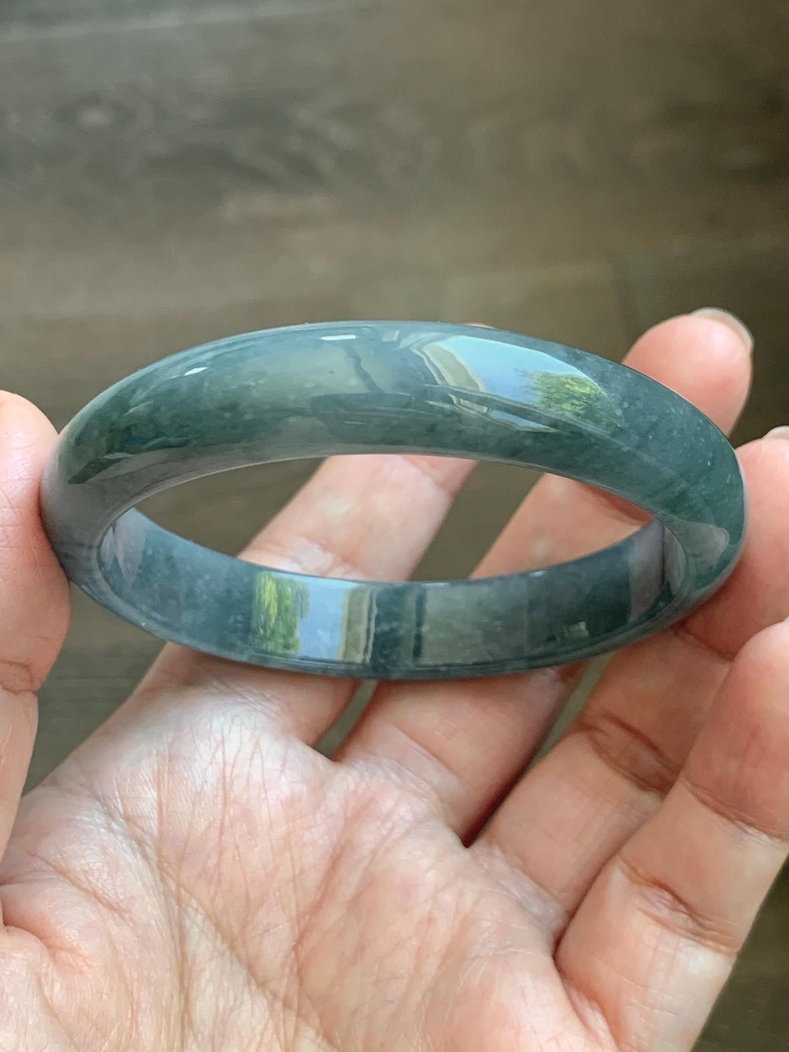 Certified Natural Grade A Guatemalan Icy Translucent Bluish Gray Wuji Jade Jadeite Wide Bangle 56.59mm 6.99” 39g 天然冰危灰蓝乌鸡翡翠正圈宽版手镯 204