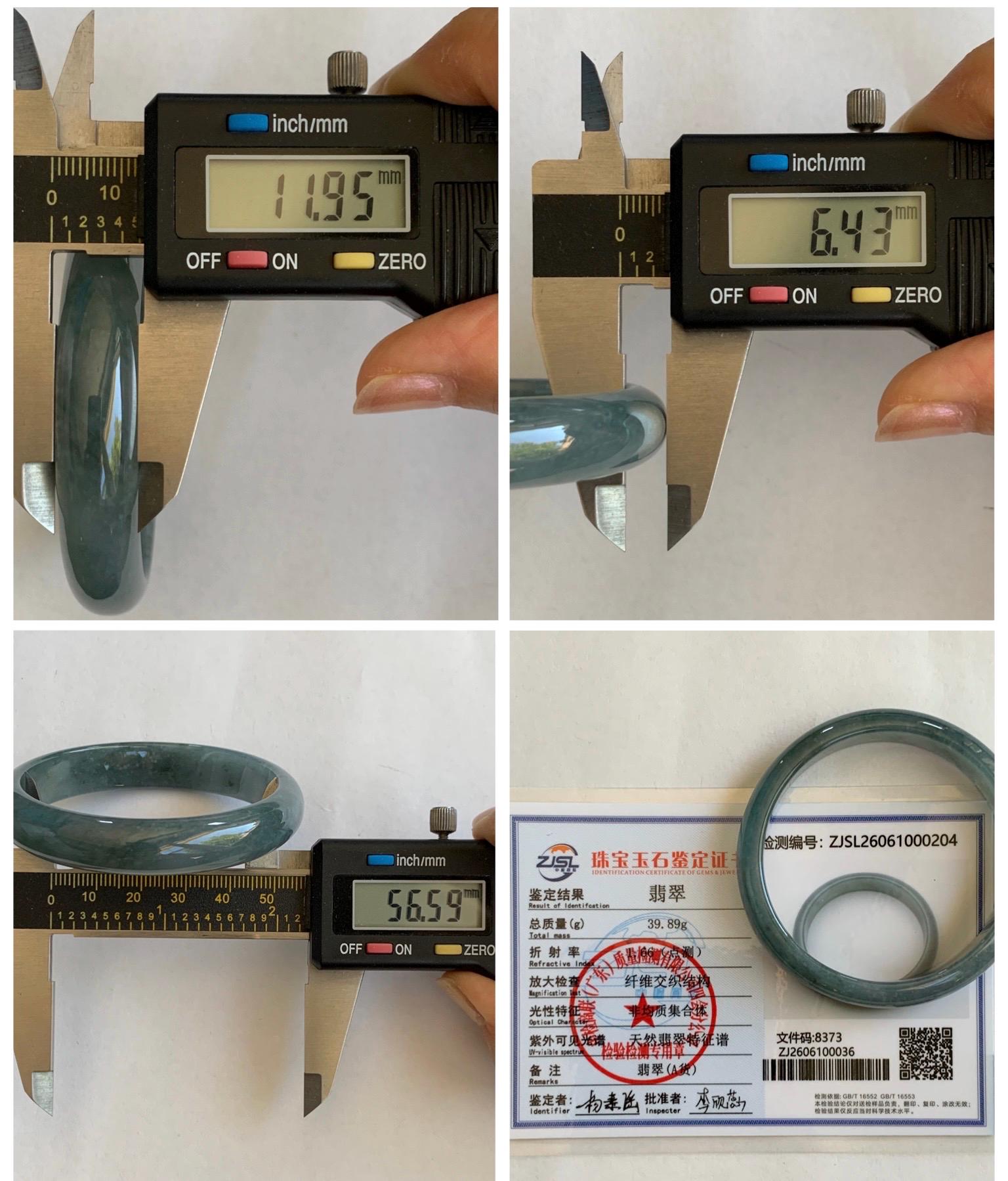 Certified Natural Grade A Guatemalan Icy Translucent Bluish Gray Wuji Jade Jadeite Wide Bangle 56.59mm 6.99” 39g 天然冰危灰蓝乌鸡翡翠正圈宽版手镯 204