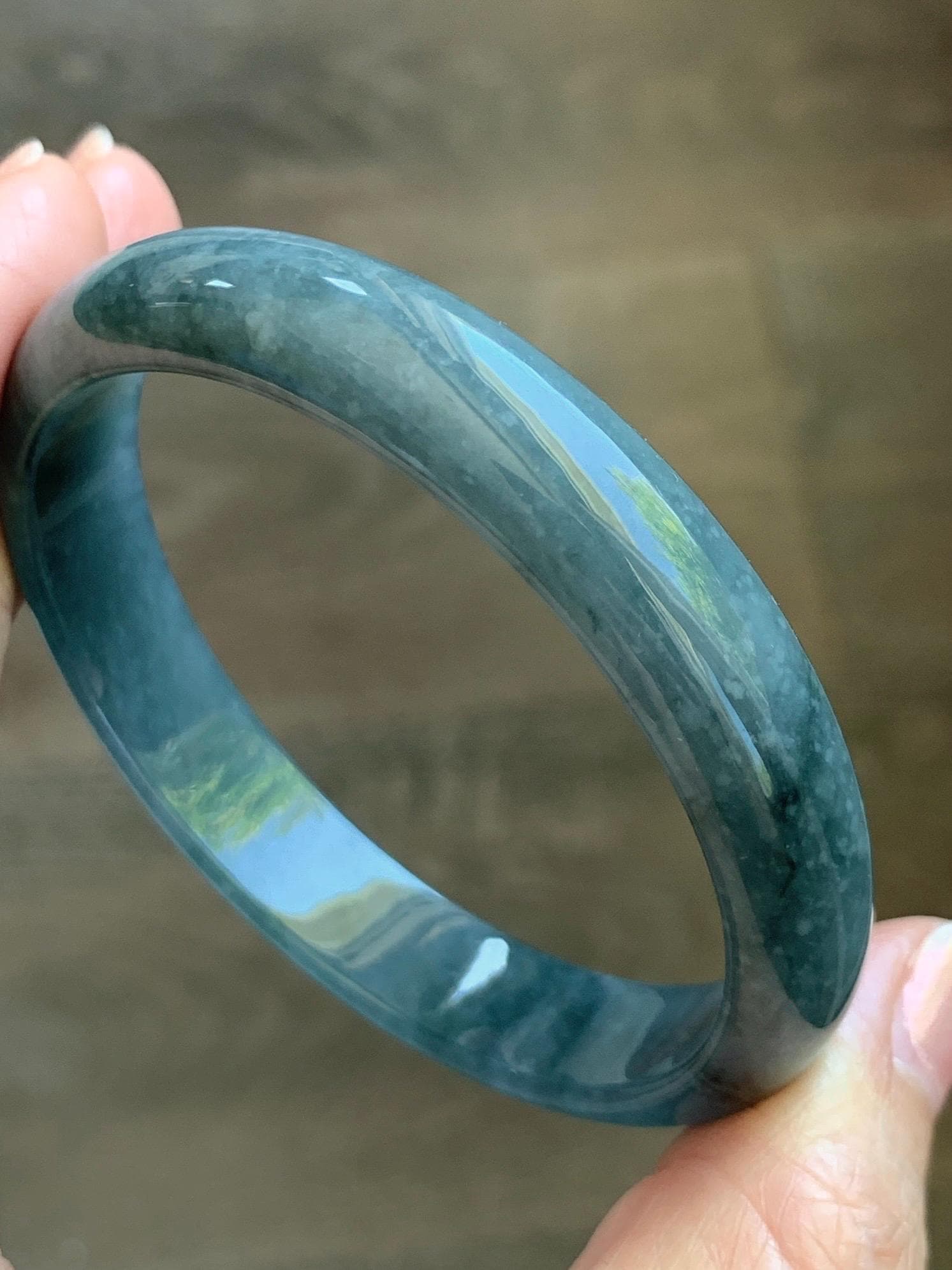 Certified Natural Grade A Guatemalan Icy Translucent Bluish Gray Wuji Jade Jadeite Wide Bangle 57.9mm 7.16” 38g 天然冰危灰蓝乌鸡翡翠正圈宽版手镯 205