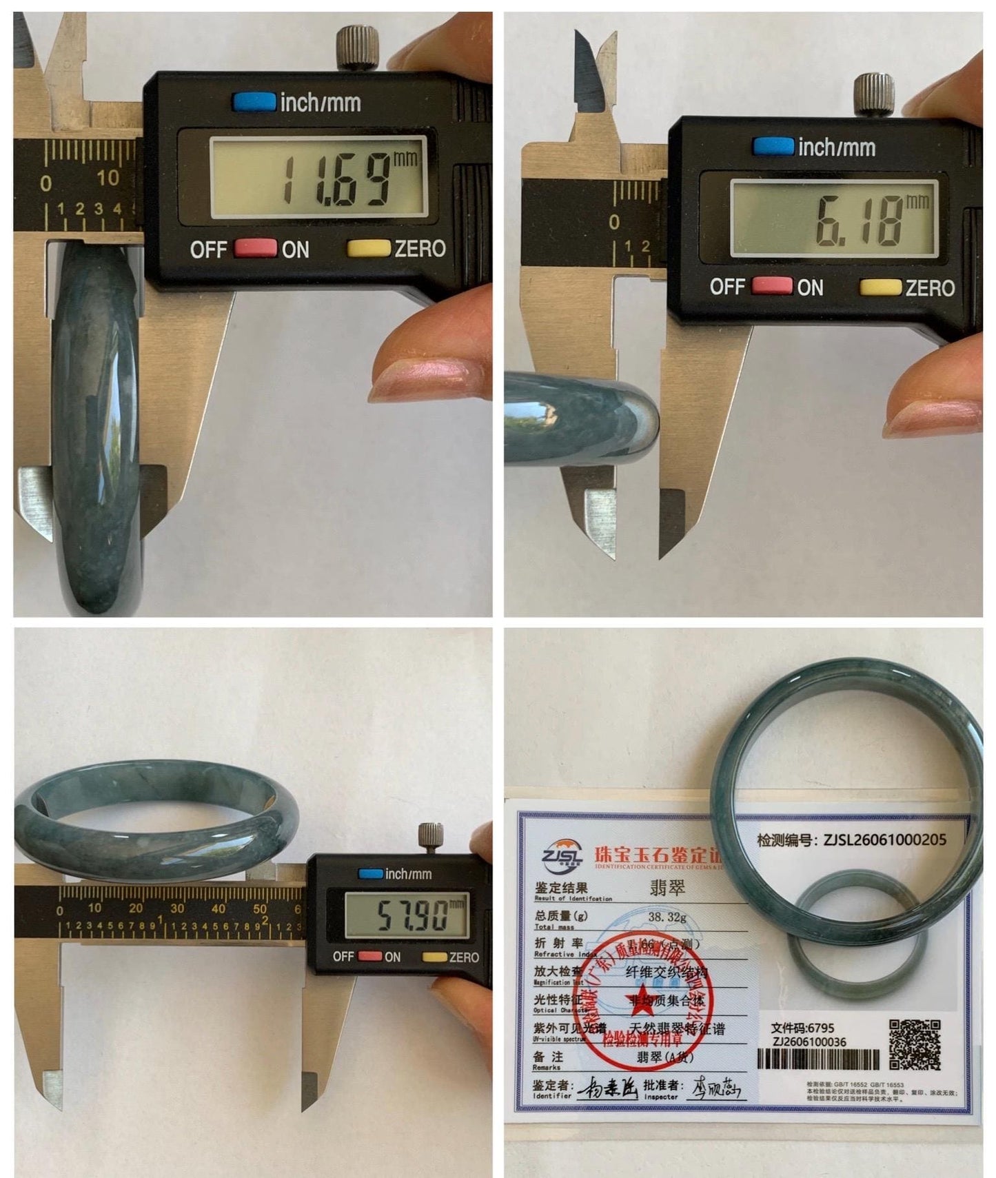 Certified Natural Grade A Guatemalan Icy Translucent Bluish Gray Wuji Jade Jadeite Wide Bangle 57.9mm 7.16” 38g 天然冰危灰蓝乌鸡翡翠正圈宽版手镯 205