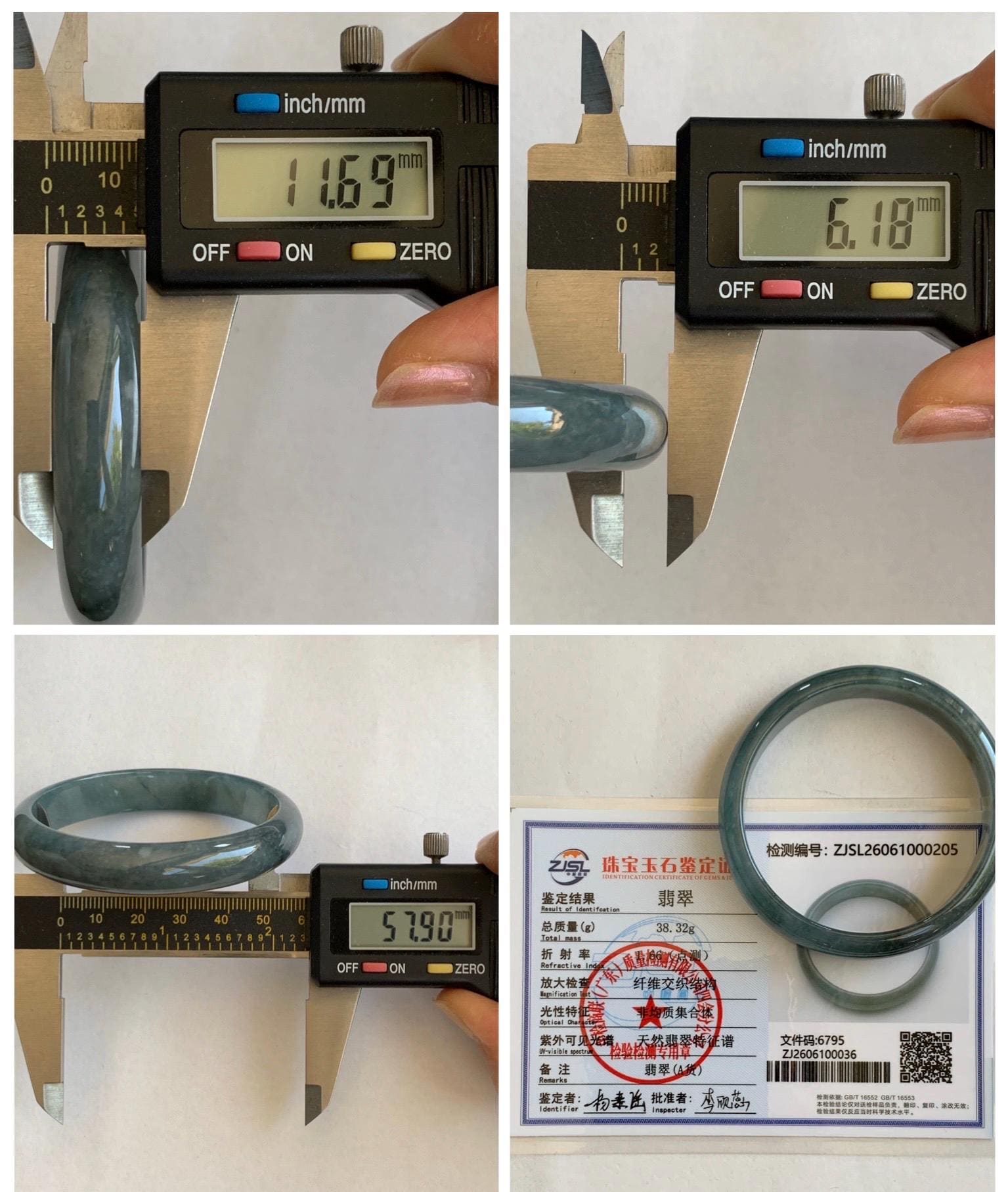 Certified Natural Grade A Guatemalan Icy Translucent Bluish Gray Wuji Jade Jadeite Wide Bangle 57.9mm 7.16” 38g 天然冰危灰蓝乌鸡翡翠正圈宽版手镯 205