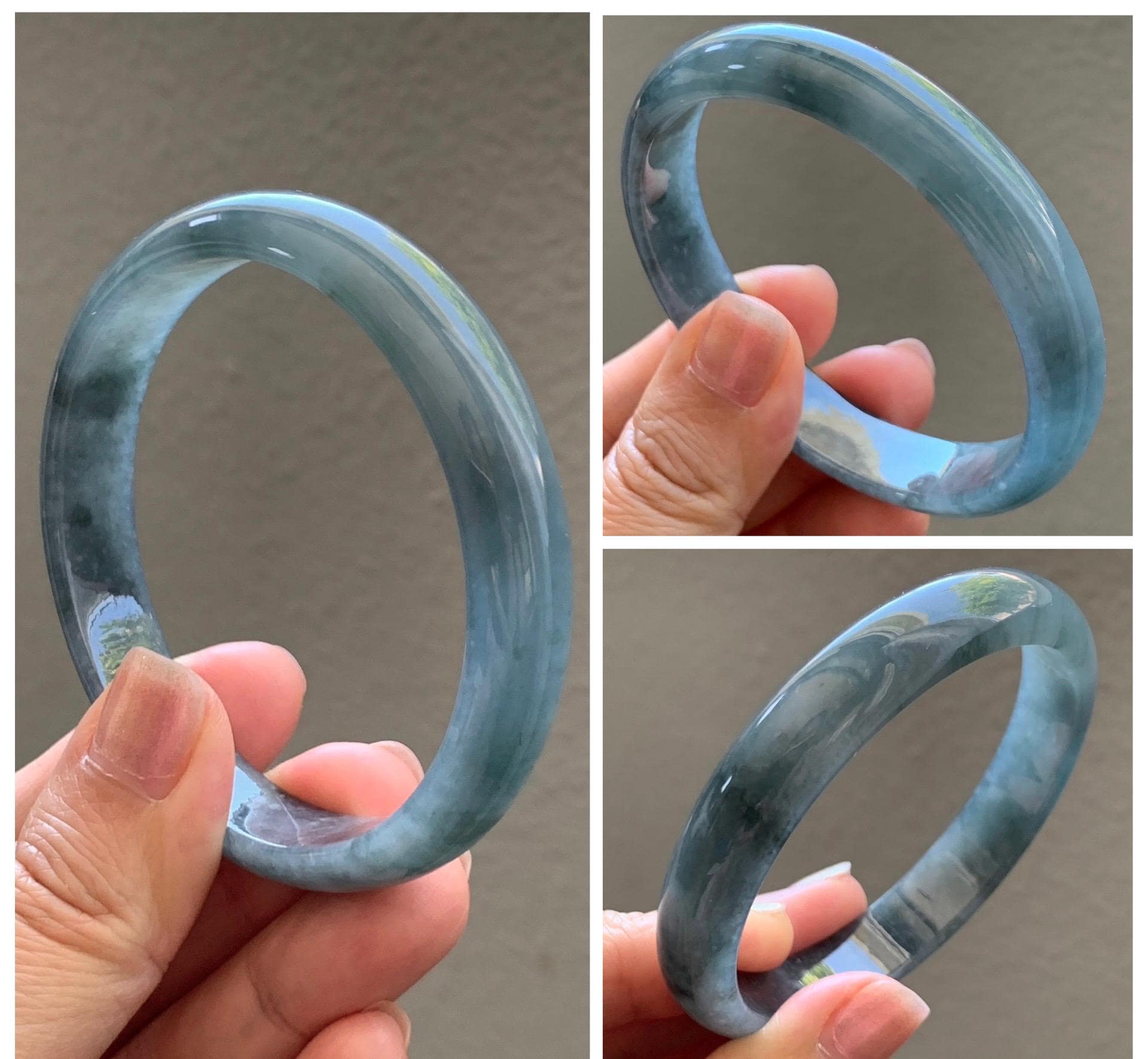 Certified Natural Grade A Guatemalan Icy Translucent Bluish Gray Wuji Jade Jadeite Wide Bangle 57.9mm 7.16” 38g 天然冰危灰蓝乌鸡翡翠正圈宽版手镯 205