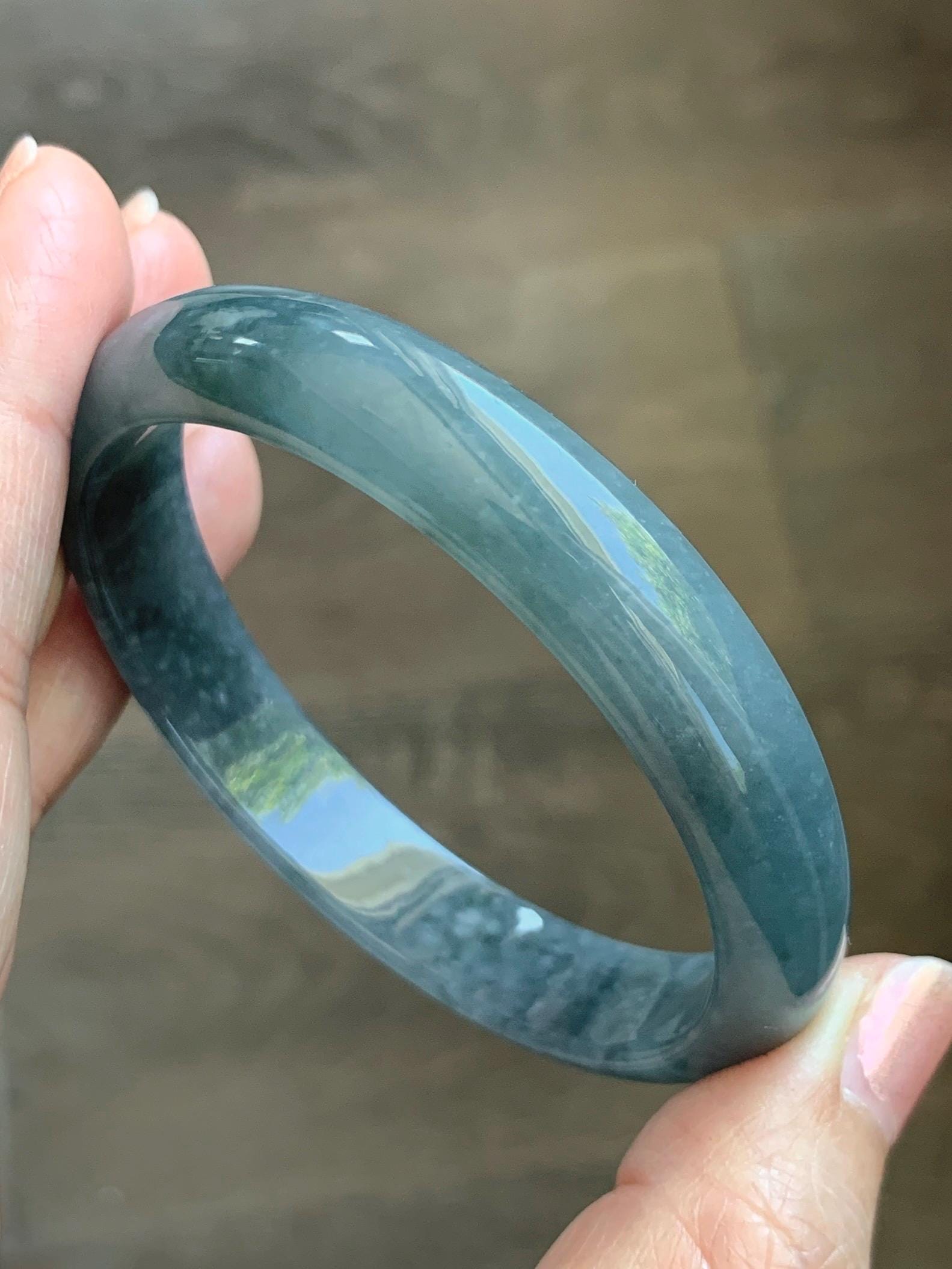 Certified Natural Grade A Guatemalan Icy Translucent Bluish Gray Wuji Jade Jadeite Wide Bangle 57.9mm 7.16” 38g 天然冰危灰蓝乌鸡翡翠正圈宽版手镯 205