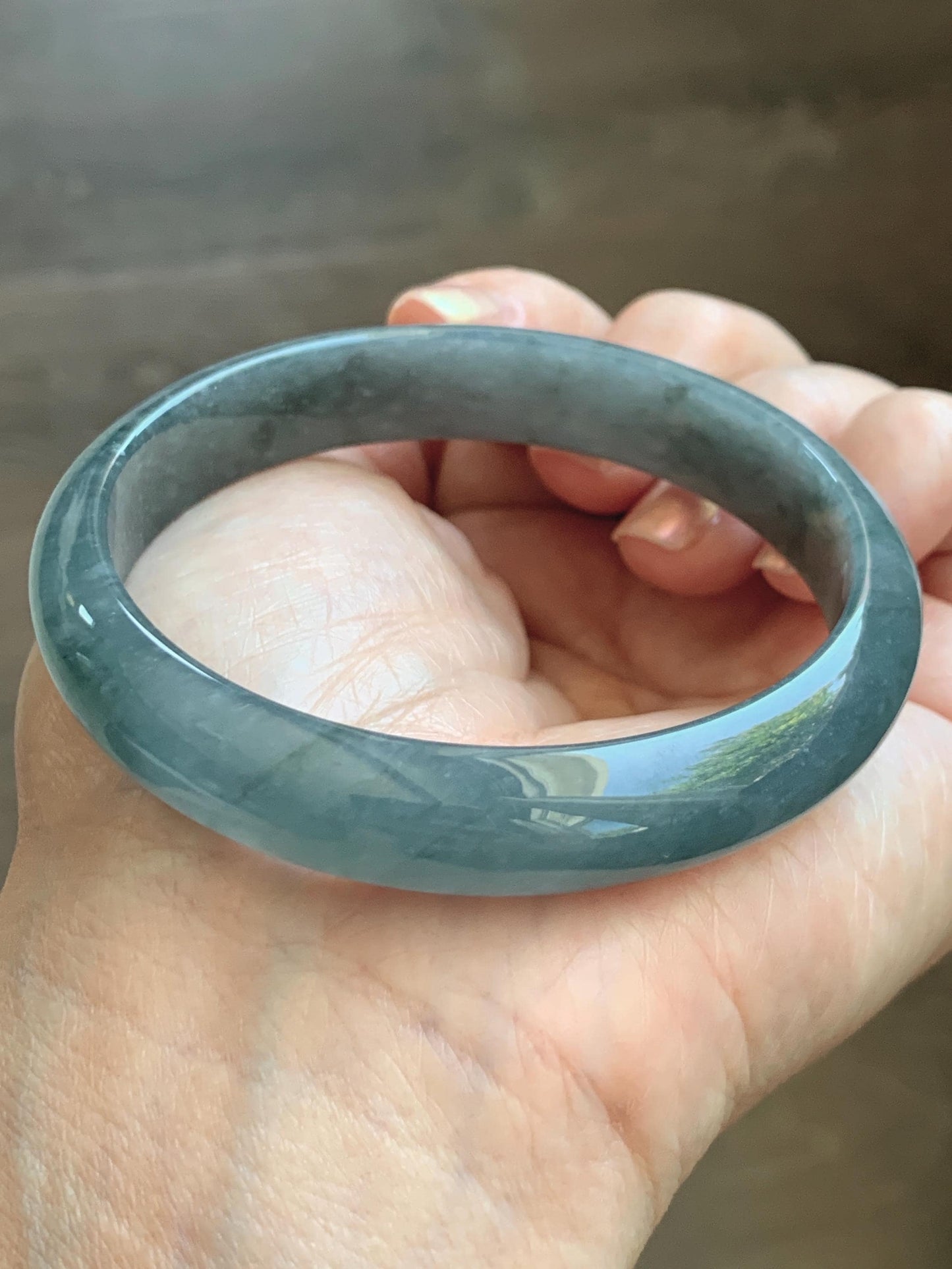 Certified Natural Grade A Guatemalan Icy Translucent Bluish Gray Wuji Jade Jadeite Wide Bangle 57.9mm 7.16” 38g 天然冰危灰蓝乌鸡翡翠正圈宽版手镯 205