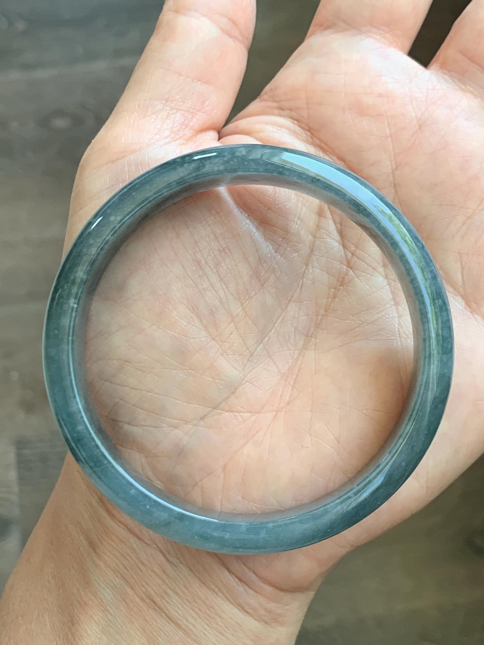 Certified Natural Grade A Guatemalan Icy Translucent Bluish Gray Wuji Jade Jadeite Wide Bangle 57.9mm 7.16” 38g 天然冰危灰蓝乌鸡翡翠正圈宽版手镯 205